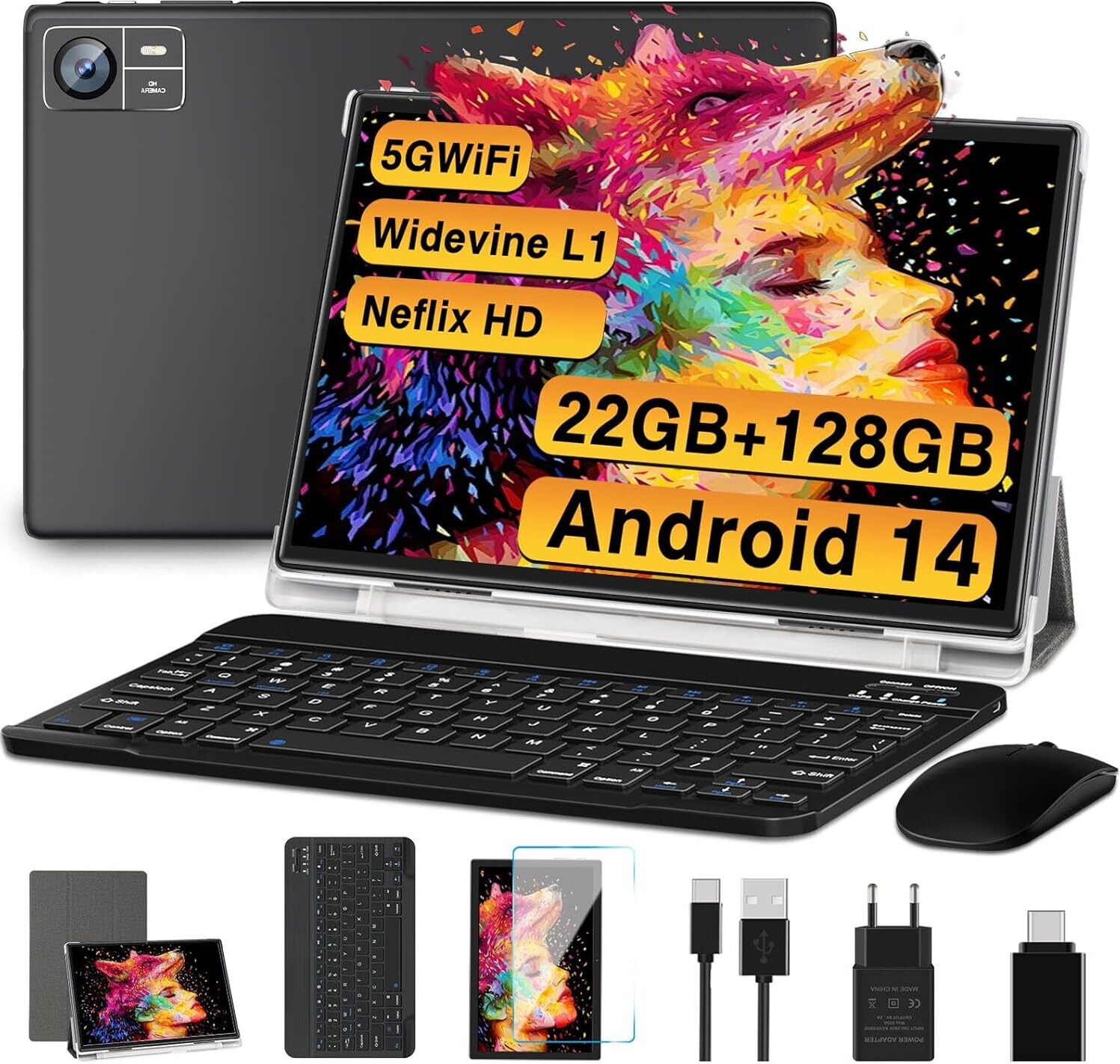 2025 Najnovší 10-palcový tablet s Androidom 14 22GB RAM + 128GB ROM 1TB TF, Octa-Core, Widevine L1.5G 2.4G WiFi, Bluetooth 5.0, 8000mAh, 8+5MP, 1280 x 800,