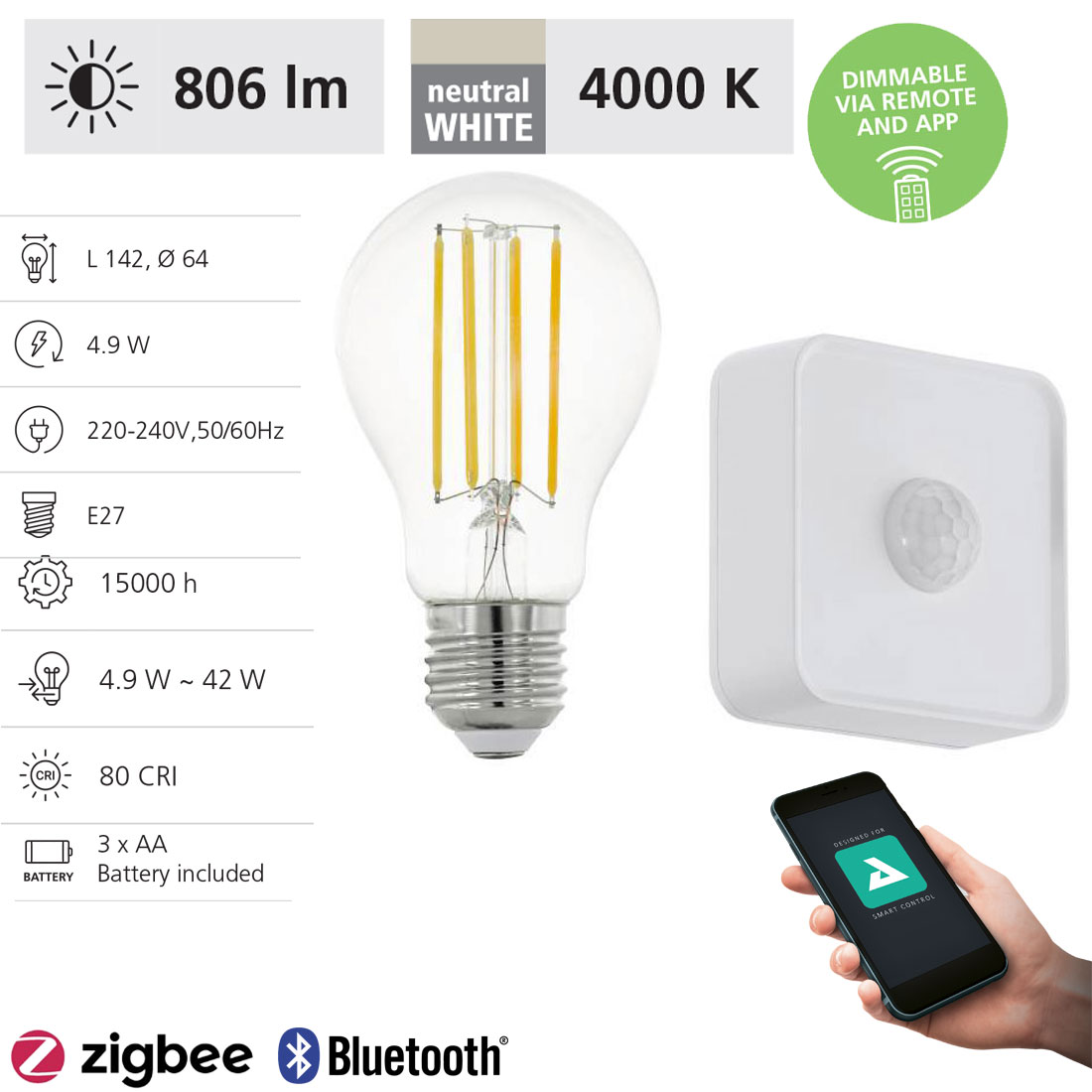 EGLO LM_LED_E27 - V2, 6 W, 60 W, E27, 806 lm, 20000 h, Neutralweiß 12257