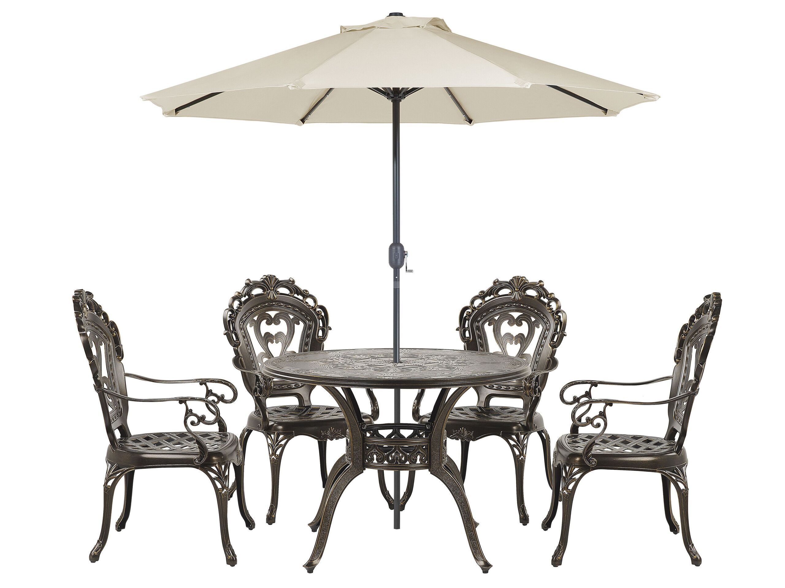 BELIANI Záhradná jedálenská súprava hnedá kovová hliníková okrúhly stôl 4 stoličky slnečník vintage dizajn