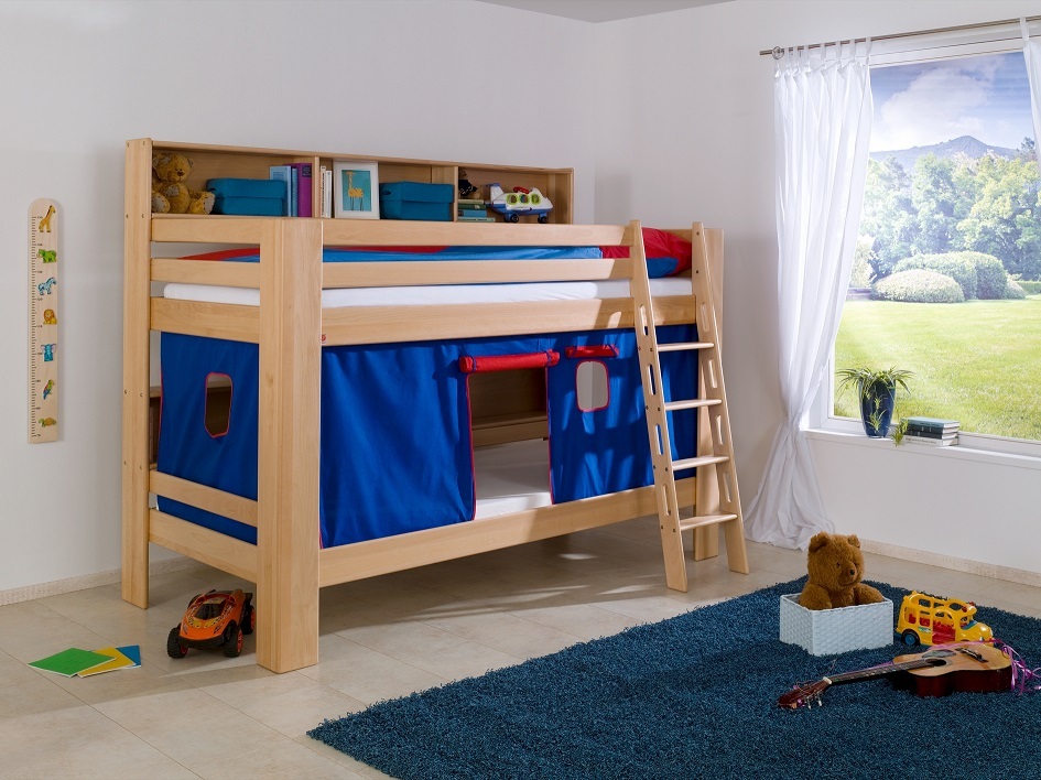 Natur24 Etagenbett Jan Buche Natur lackiert mit Bücherregal 90x200 cm BE3181114-B90+TX5042010