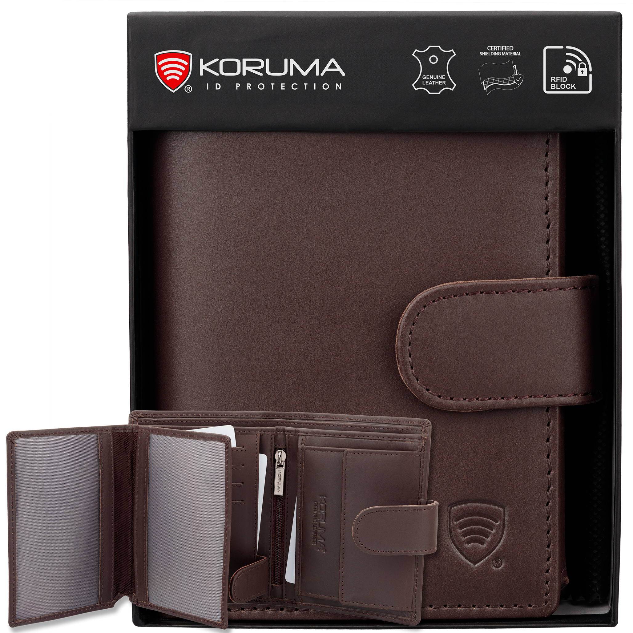 Herren Geldbörse aus Echtleder – RFID Schutz – Portemonnaie mit Münzfach, Kartenfächern & Reißverschlussfach Braun / KORUMA® SM-904HBR