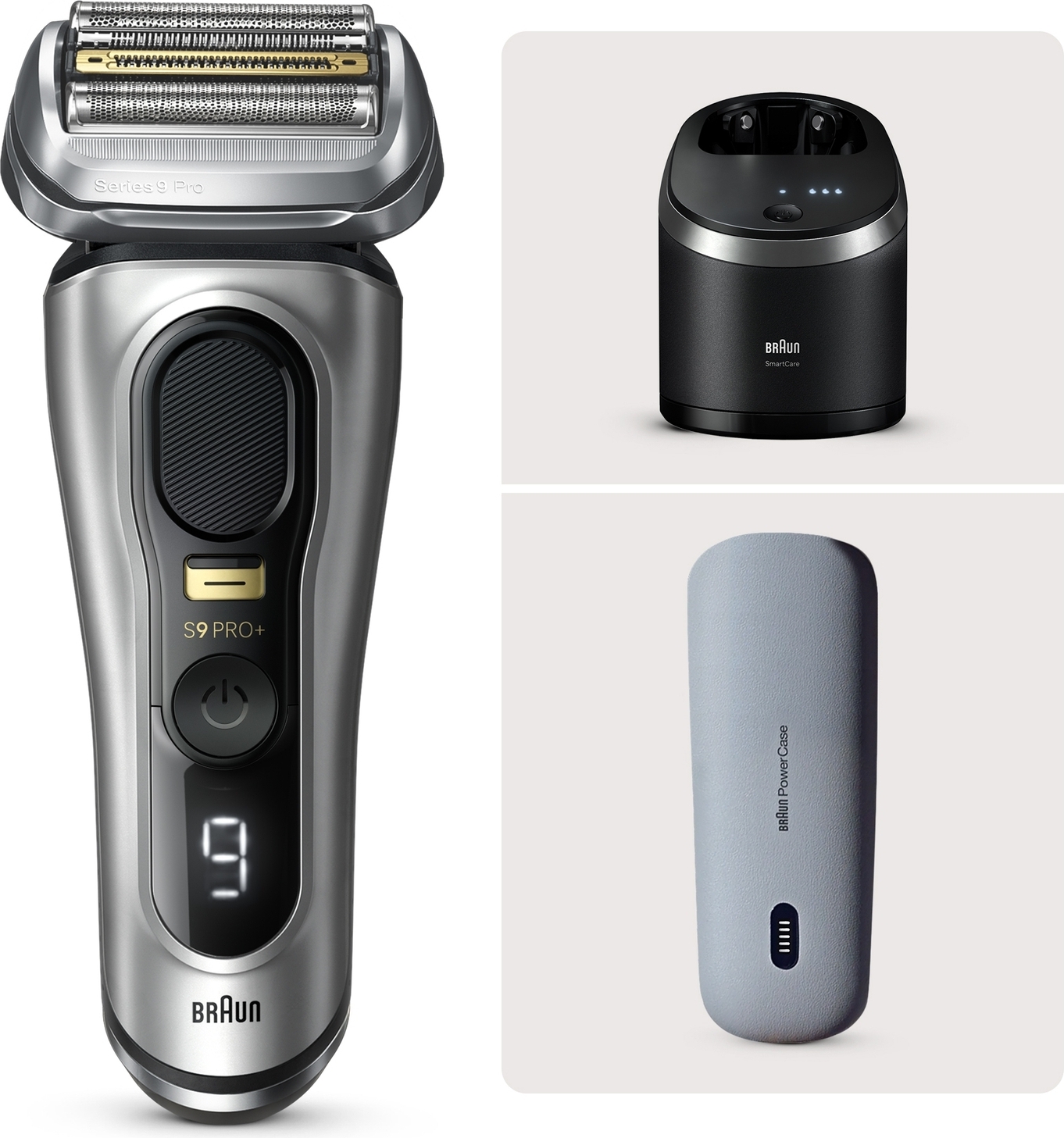 Braun Series 9 Pro+ Elektrorasierer, Reinigungsstation, Rasierer-Ladeetui (PowerCase), Wet & Dry, 9577cc, Silber