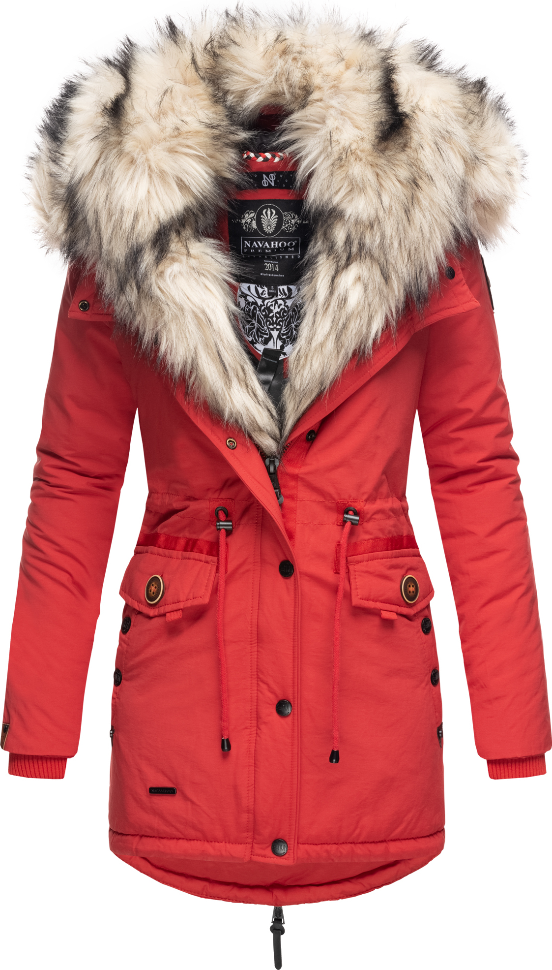 Navahoo Sweety Eleganter Damen Winter Parka mit Kapuze und doppelten Kunstpelzkragen Wintermantel Pelzfrei Vegan Rot Gr. 36 - S
