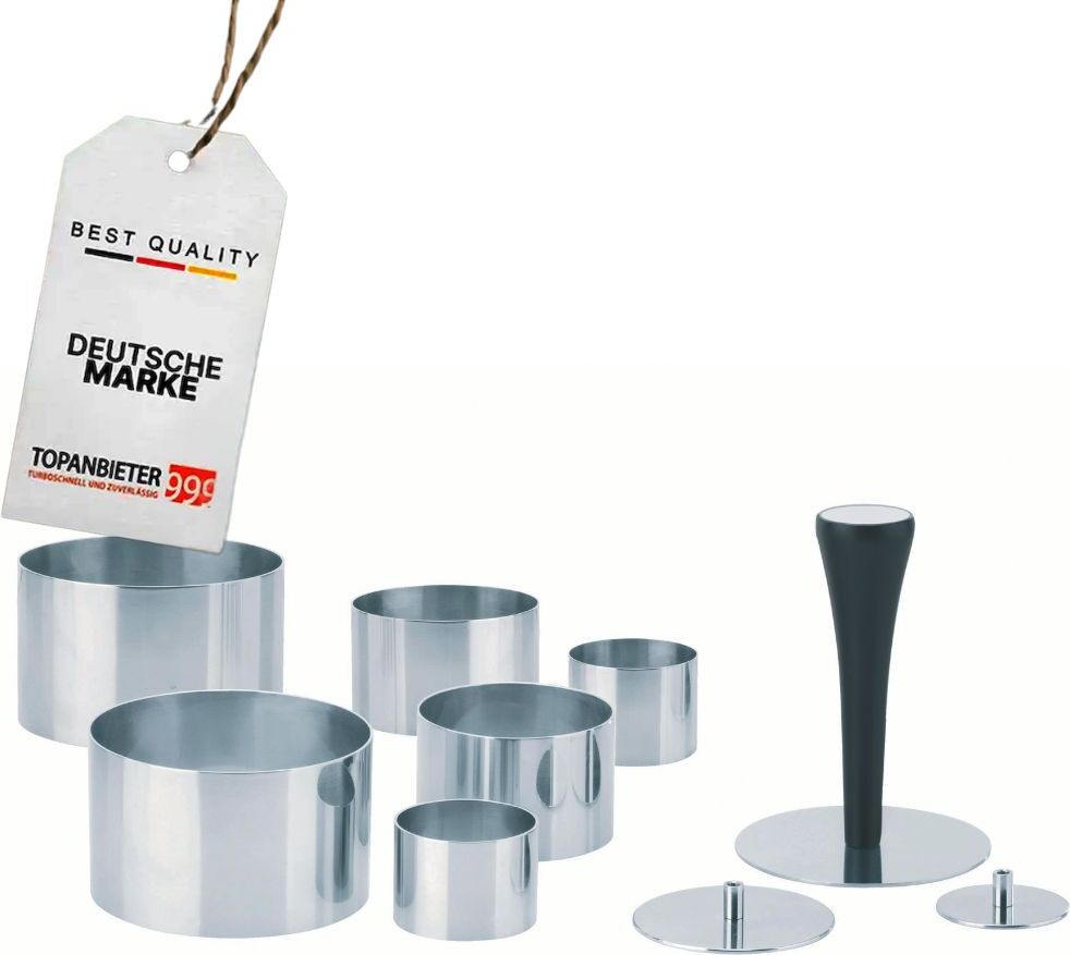 Topanbieter999 TOPANBIETER 999 Dessert- und Speisenringe Premium Set Edelstahl 10-teilig, Profi Speisenringe Ø 4/6/8 cm, mit Presse & Griff, Anrichtringe, Kochringe, Formringe für Vorspeisen, Desserts & Beilagen