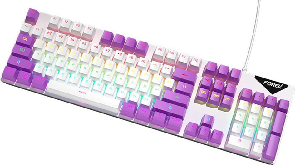 INF Mechanische Tastatur mit Kabel, Regenbogenbeleuchtung, Blaue Schalter, 104 Tasten weiß + lila 395075