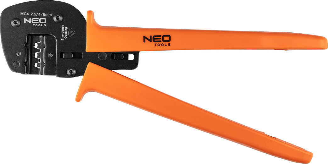 NEO TOOLS Zage zum Crimpen von MC4-Steckern von 2,5, 4,5 und 6.0 mm2, Zwangssperre, verstellbarer Stifthalter, Griffmaterial PVC, Torx-Schlüssel, bei der Montage von Photovoltaik-Paneelen 01-555