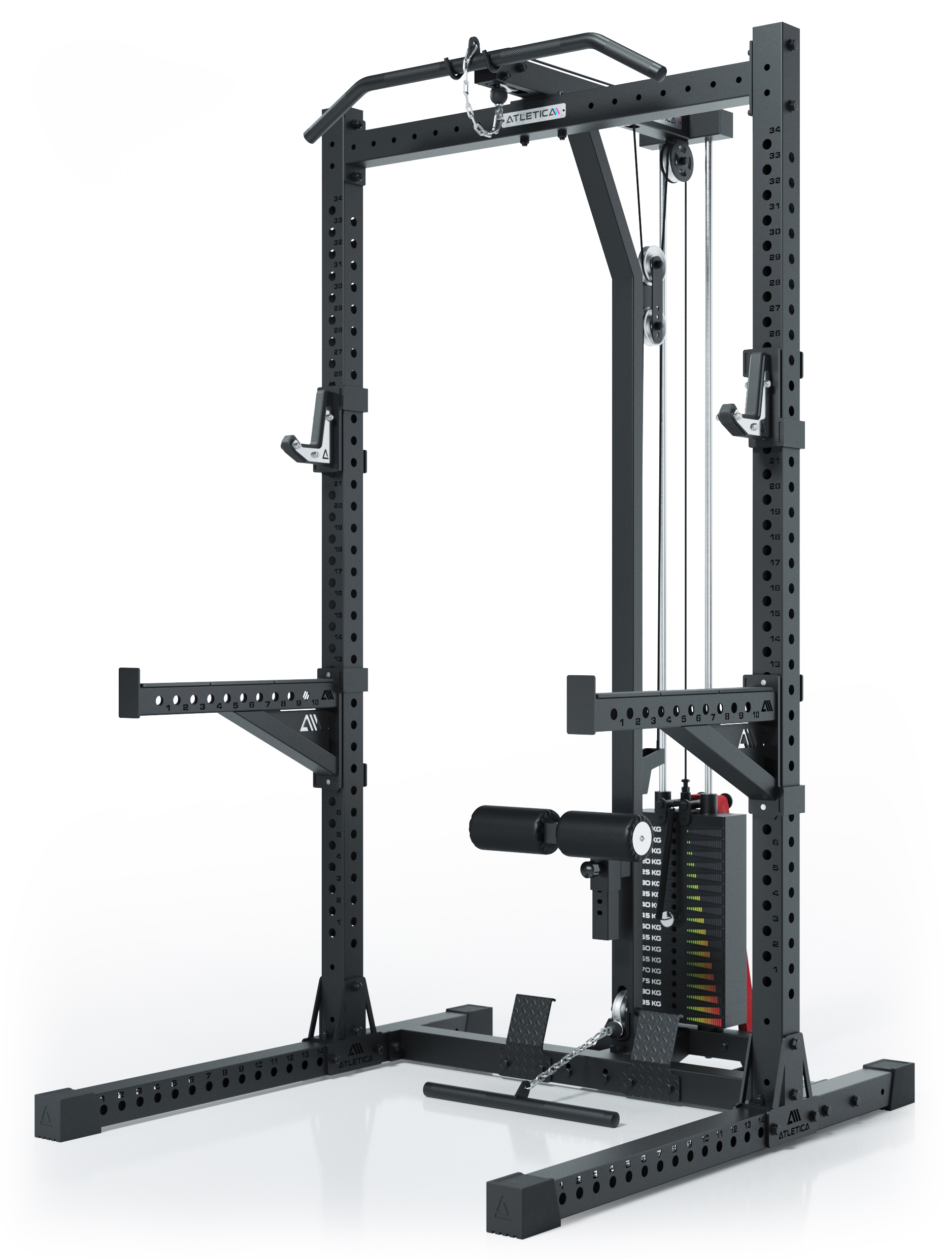 ATLETICA R7 Rider | Steckgewichte Version | 223 cm Höhe | Squat Rack mit Latzug mit Steckgewichte kaufen | 95kg Steckgewichte am Latzug 555-2224