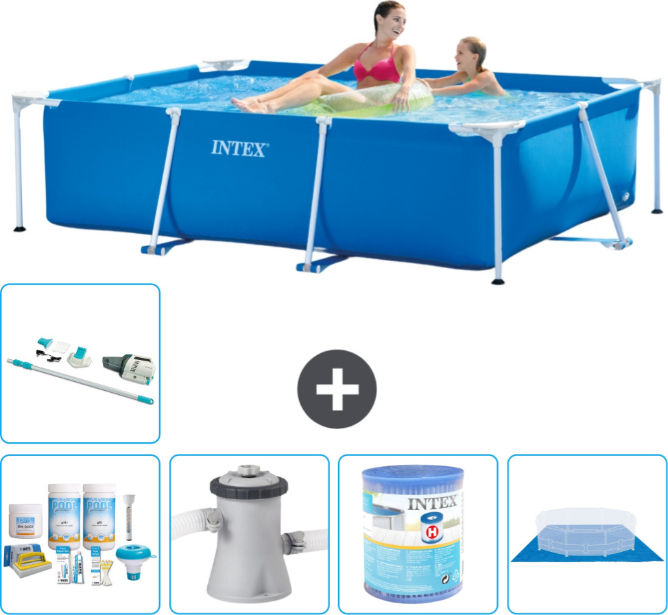 Bazén Intex s obdĺžnikovým rámom - 220 x 150 x 60 cm - modrý - súčasť dodávky Balenie na údržbu - Filtračné čerpadlo pre bazén - Filter - Podlahová plachta - Vysávač