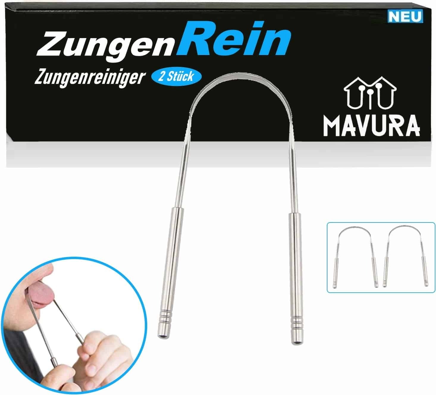 MAVURA ZungenRein Zungenreiniger Zungenschaber Edelstahl Zungenbürste Ayurveda [2er] A235