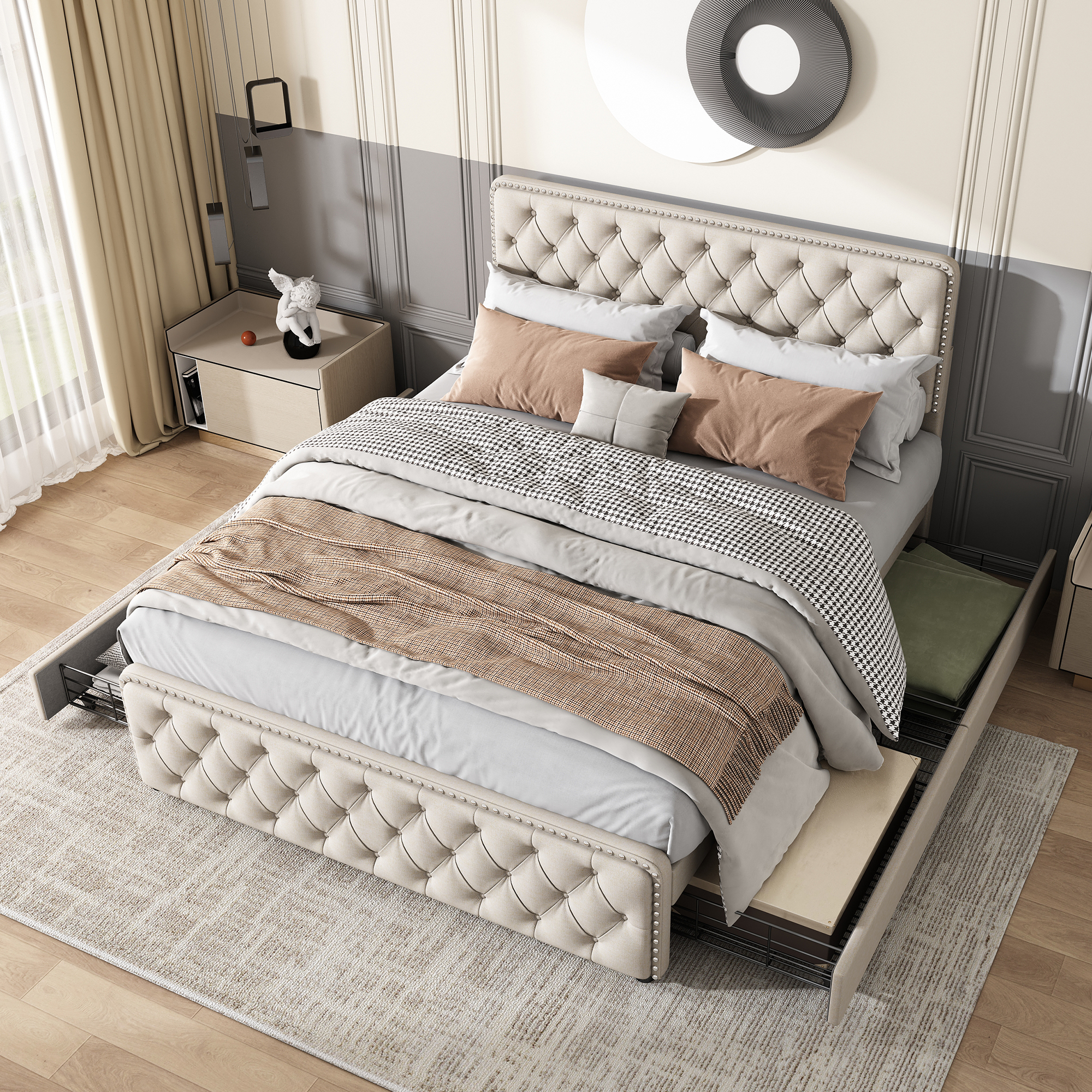 MODFU Polsterbett 140x190cm mit 4 Schubladen, höhenverstellbares Kopfteil, Leinen(Ohne Matratze), Beige