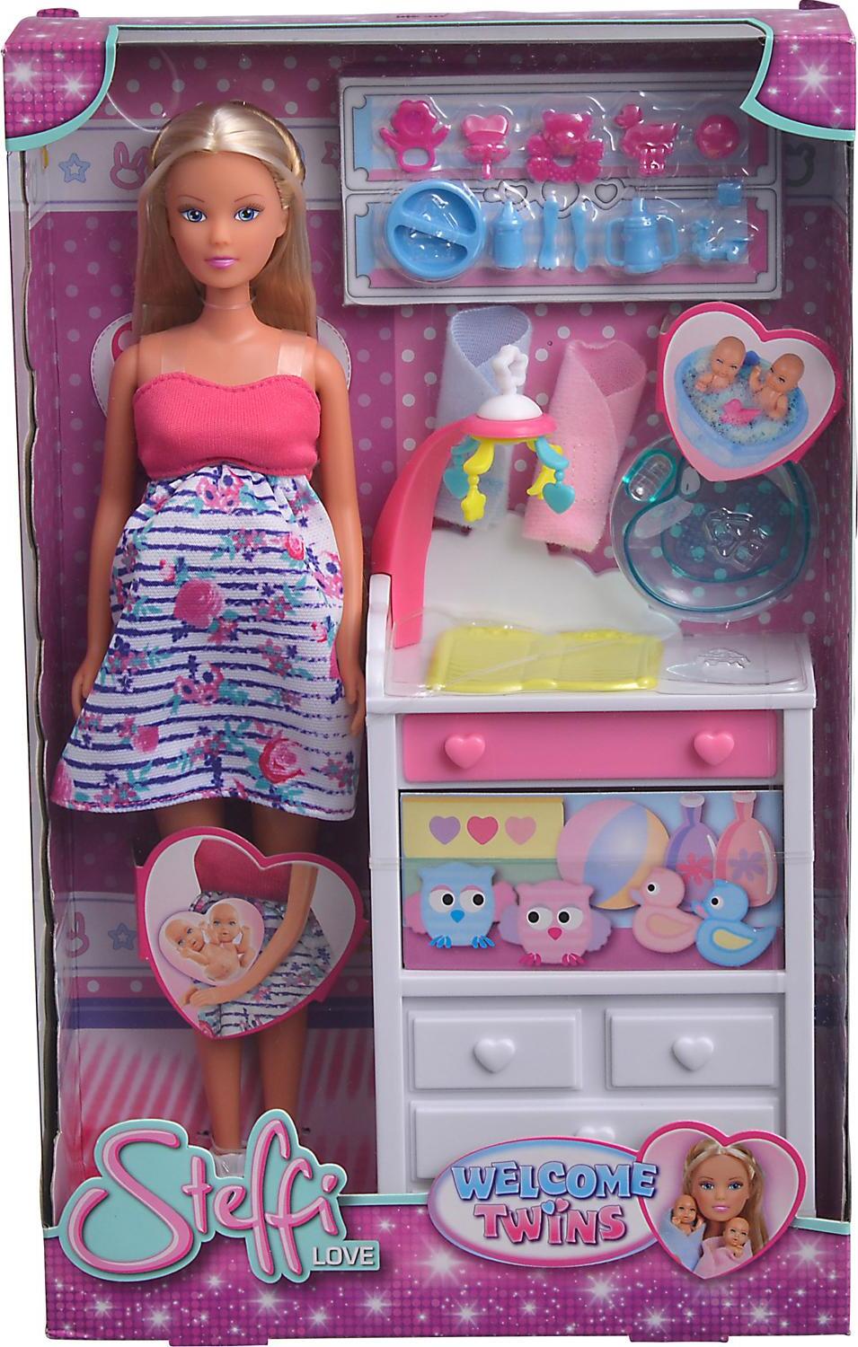 Simba 105733333 - Steffi Love Welcome Twins, Schwangere Puppe, mit Zwillingen, mit Wickeltisch und Badewanne, Zubehör, Ankleidepuppe, 29cm, für Kinder ab 3 Jahren