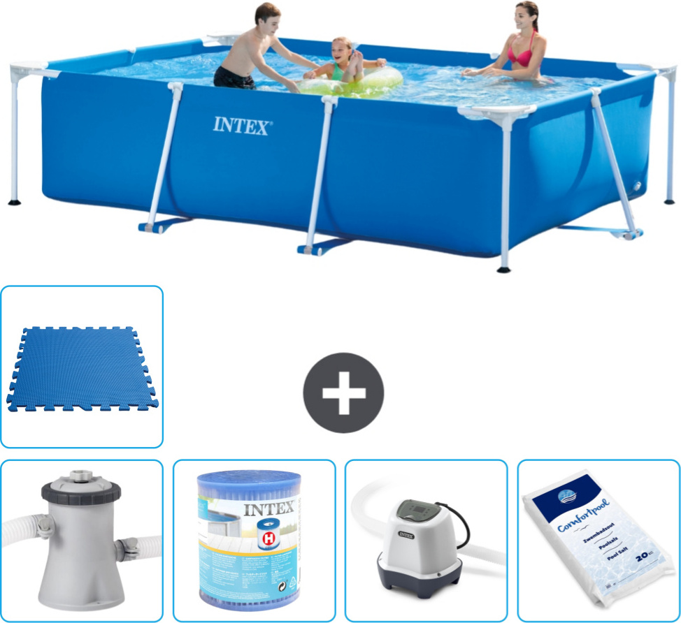 Bazén Intex s obdĺžnikovým rámom - 300 x 200 x 75 cm - modrý - dodávaný s filtračným čerpadlom pre bazén - filter - systém slanej vody - bazénová soľ - dlažba