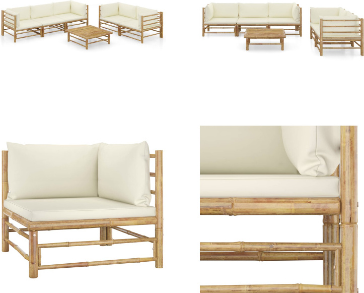 vidaXL 6-dielna záhradná súprava s krémovo bielymi vankúšmi bambus - Záhradná súprava - Záhradné súpravy - Záhradný nábytok - Súprava záhradného nábytku