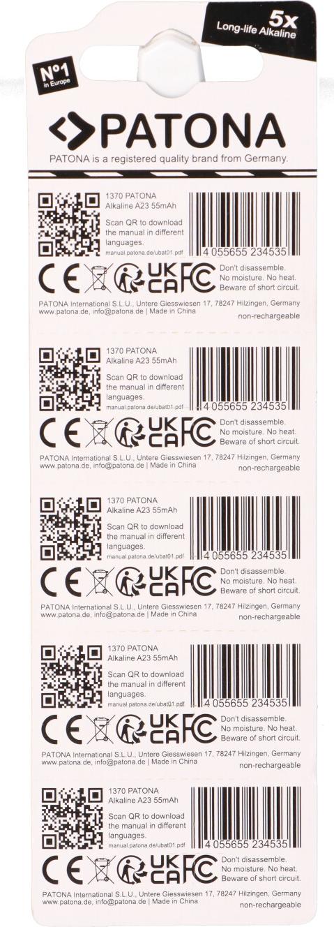 PATONA 100x (20x5 Stück) 12V 23A 23GA MN21 Spezialbatterie für Garagentoröffner, Fernbedienungen, Alarmsysteme, Bluetooth-Headset etc. kompatibel mit MN21,V23GA, 3LR50, LRV08, 8LR932, L1028 21605