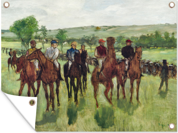MuchoWow® 80x60 cm Outdoor-Poster Gartendeko Sichtschutz Garten Poster für den Garten Die Reiter, Rennpferde - Gemälde von Edgar Degas 133|206175278