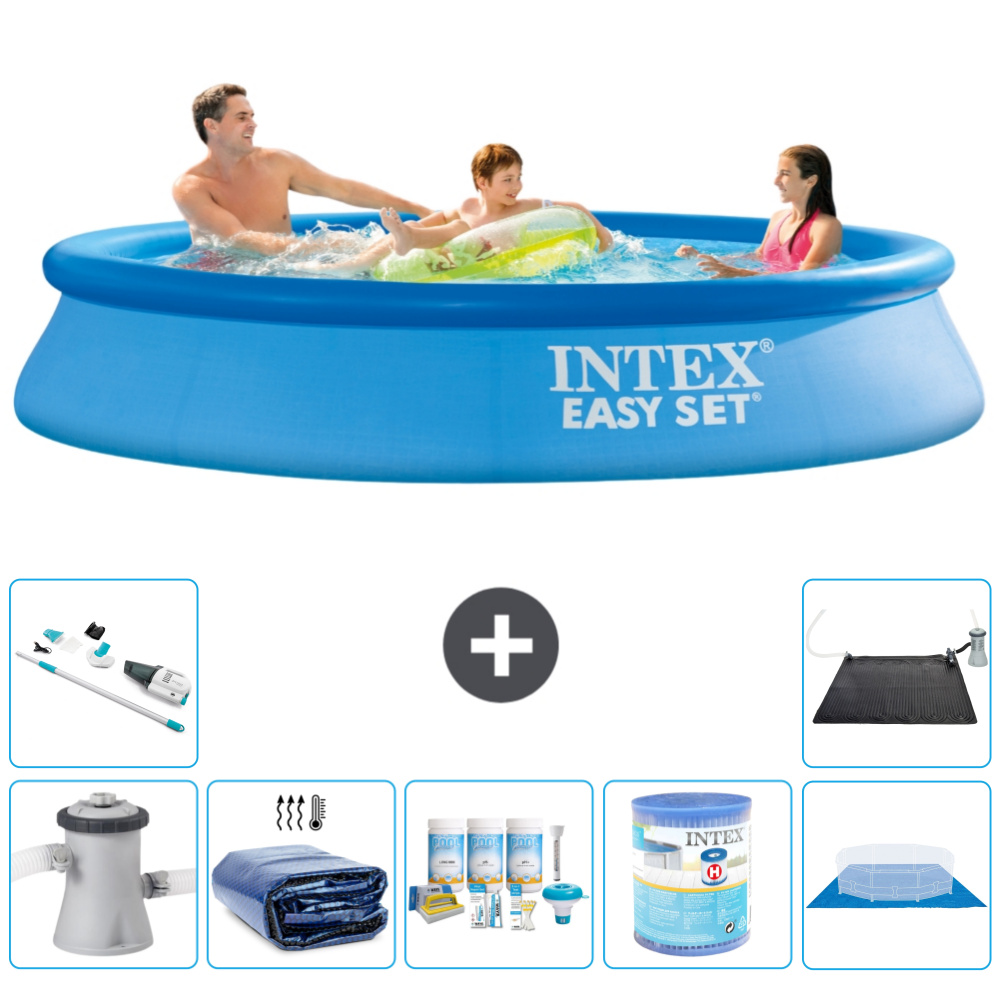 Okrúhly nafukovací bazén Intex Easy Set - 305 x 61 cm - modrý - vrátane markízy s čerpadlom - balík na údržbu - filter - podložka - vysávač - solárna podložka