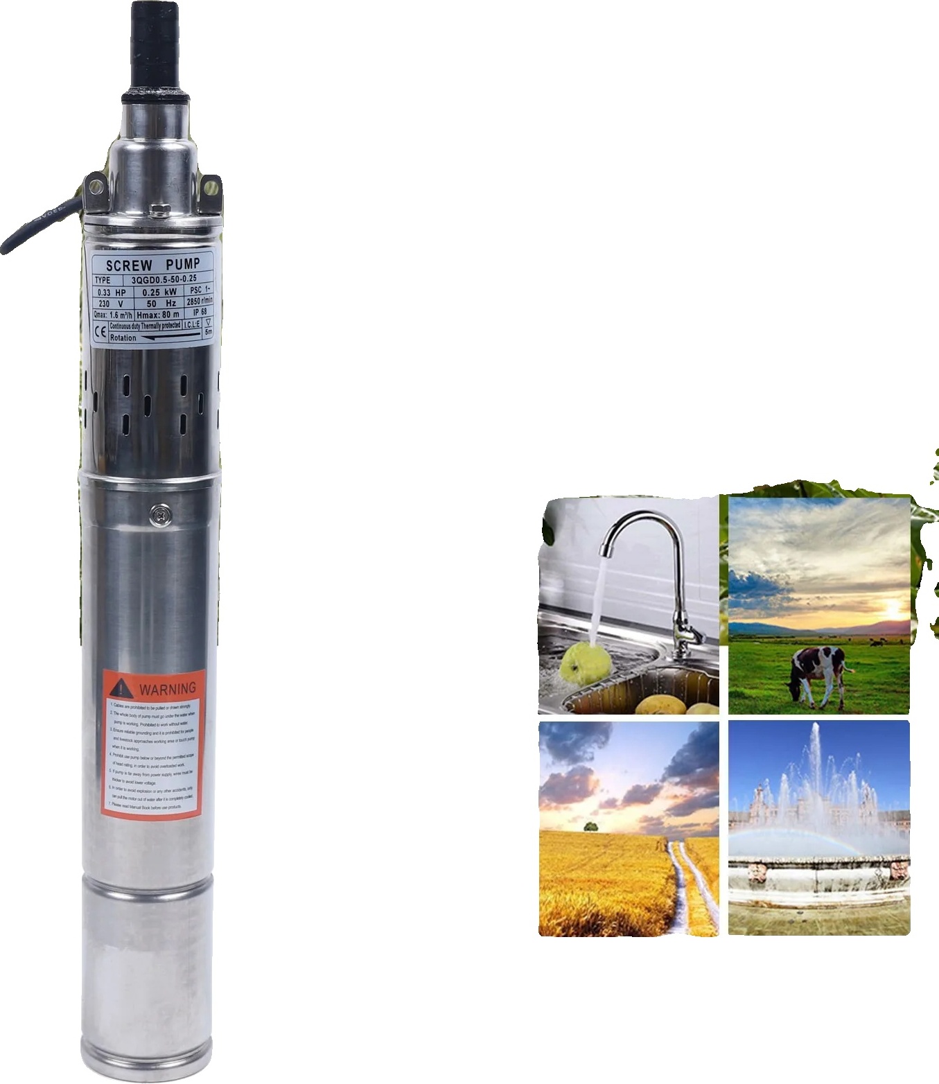 3-palcové ponorné čerpadlo, maximálny prietok 1600 l/h, maximálna výška 80 m, 220 V, EÚ