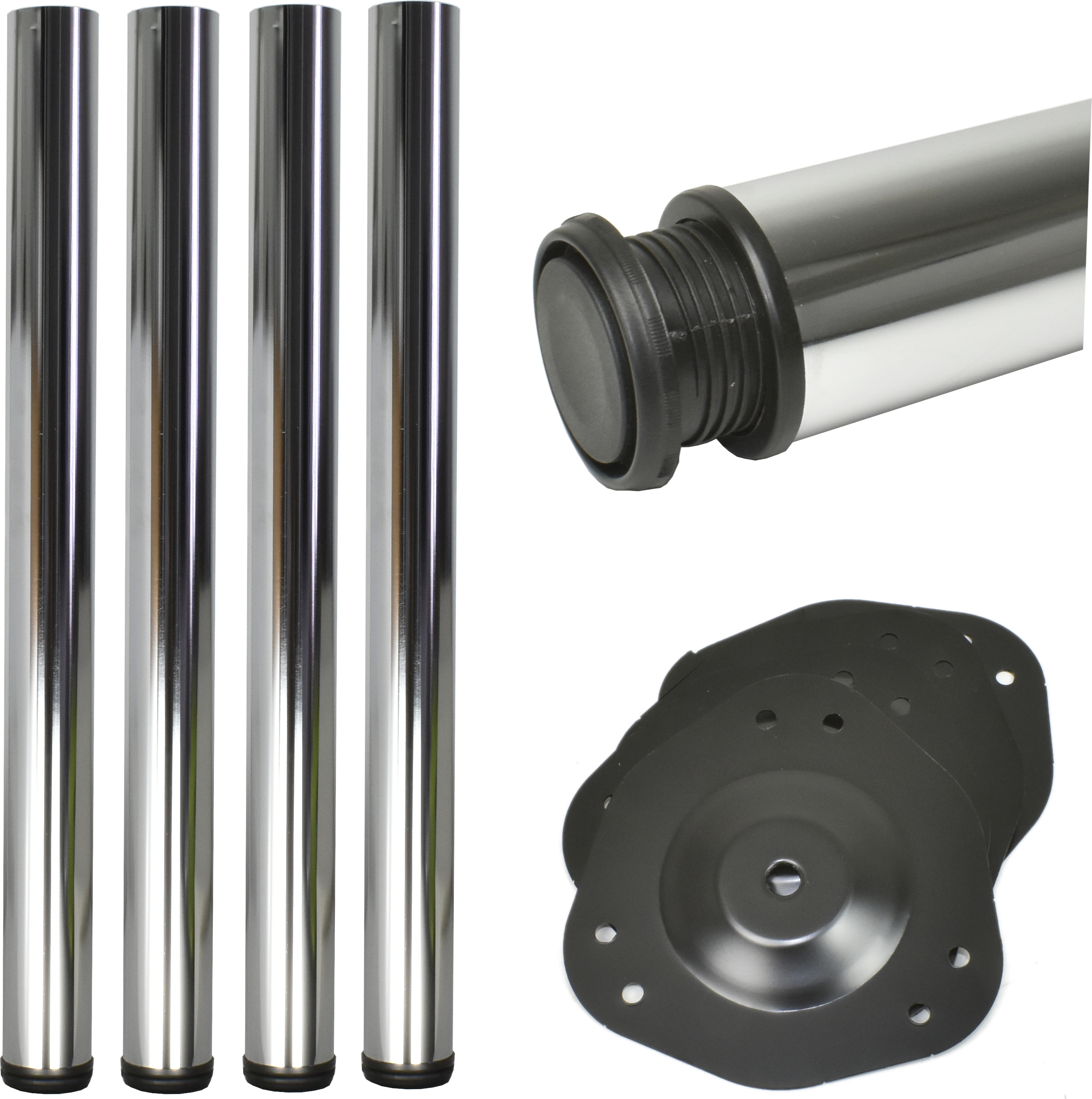 Prima-Online 4x Höhenverstellbare Tischbeine Ø60mm – Chrom, 710mm + 30mm Verstellung, mit Montageplatte 71Chrom