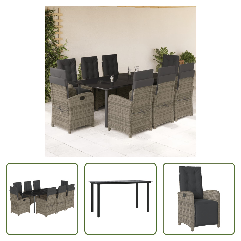 The Living Store 9-dielny záhradný jedálenský set s vankúšmi sivý polyratan