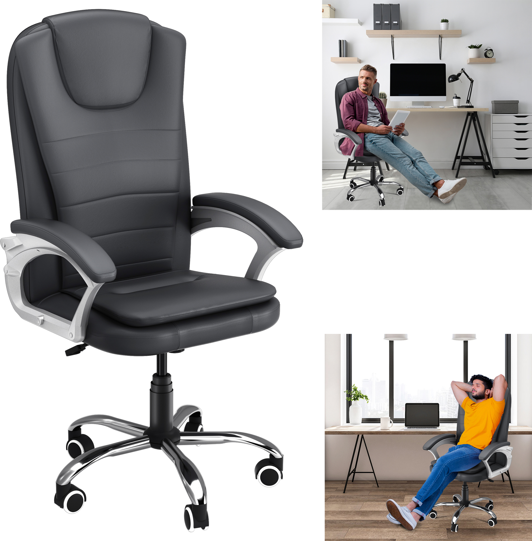XMTECH Ergonomická kancelárska stolička Kancelárska stolička s čalúnenými podrúčkami, kancelárska stolička Kancelárska stolička Herná stolička Imitácia kože, výškovo nastaviteľná, otočná stolička Nosnosť do 150 kg - TypB - Sivá