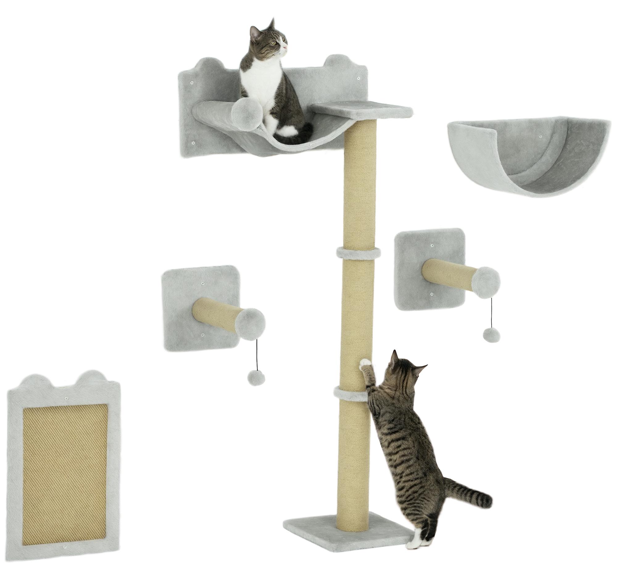 PawHut Katzen Kletterwand 5 tlg. mit Kratzpfosten Hängematte, Sprungplatt D30-862V00LG