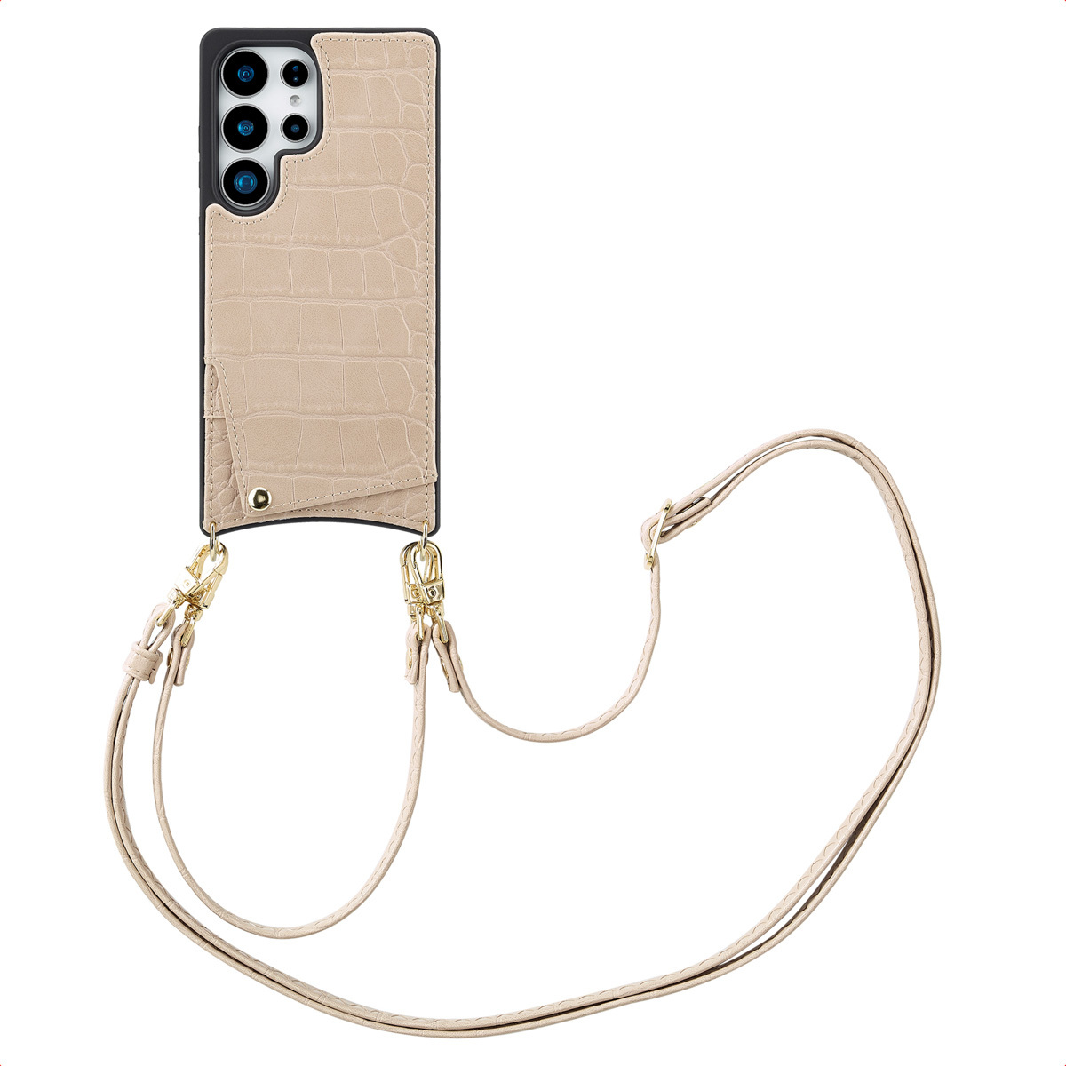 Puzdro na telefón Selencia Nova Croco s káblom a držiakom na karty pre Samsung Galaxy S25 Ultra - béžové