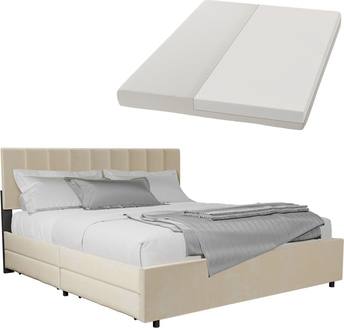 Juskys Samt Polsterbett Soria 180x200 cm - Matratze, Lattenrost & Schubladen - Beige 300272999