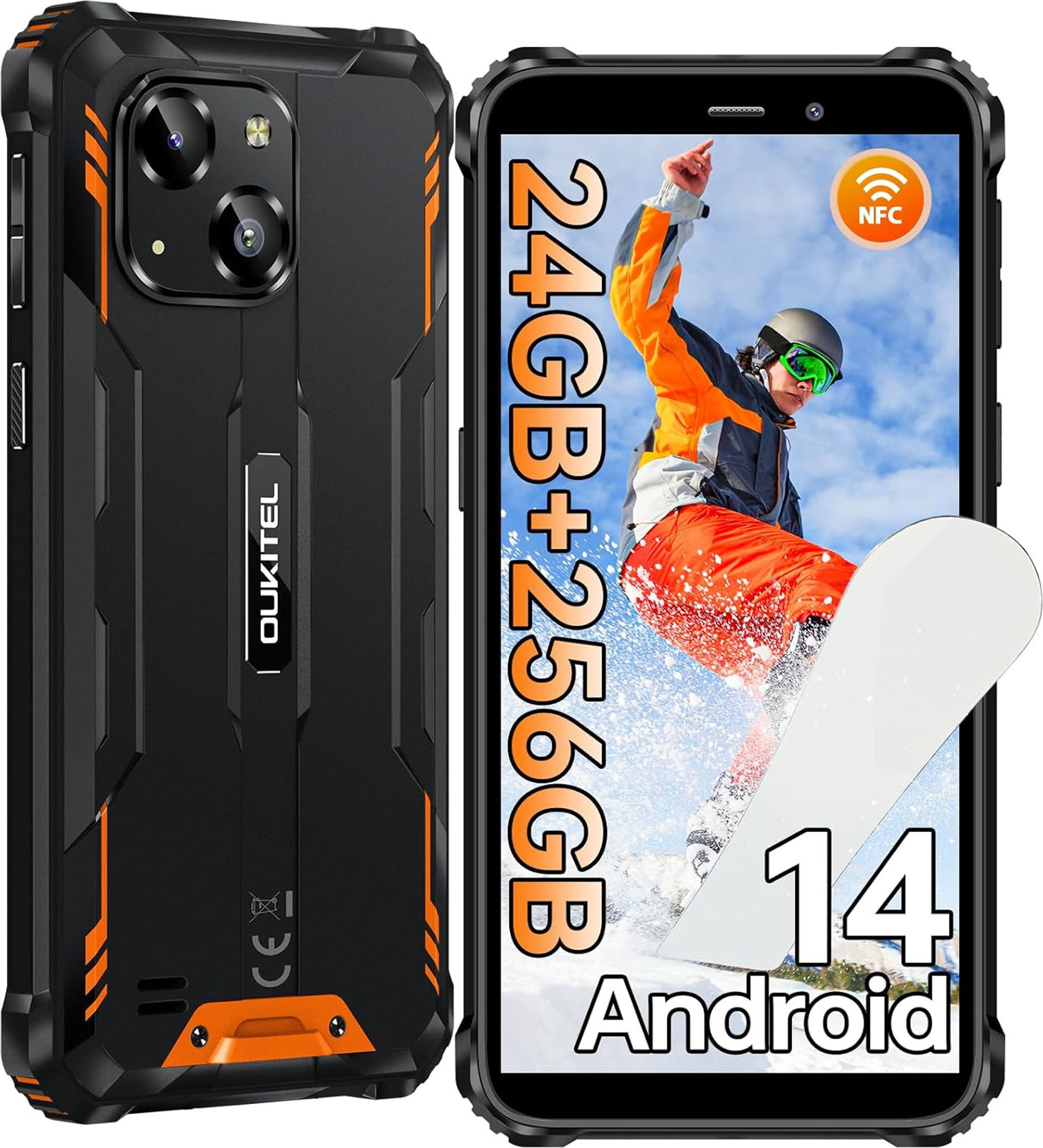 OUKITEL WP32 PRO Android 14 Outdoor Smartphone, 24GB+256GB mobilný telefón bez zmluvy, 6300mAh, 6.0" HD, IP68 vodotesný mobilný telefón, Dual 4G SIM/NFC/OTG - Orange