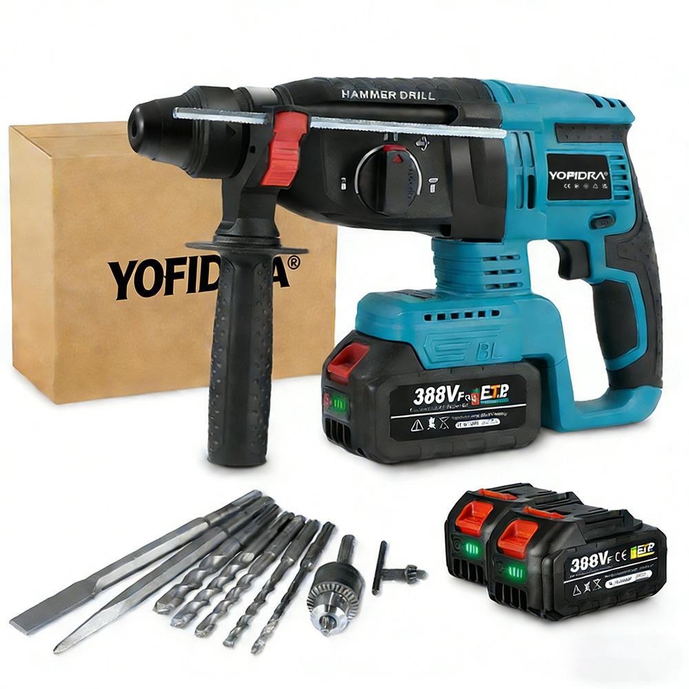 Yofidra Akku Bohrhammer Bürstenloser Schlaghammer Max 0-900 U/min SDS-plus 4 in 1 Hammerbohrer mit 2x Akkus & 10x Bohrmeißel-Set