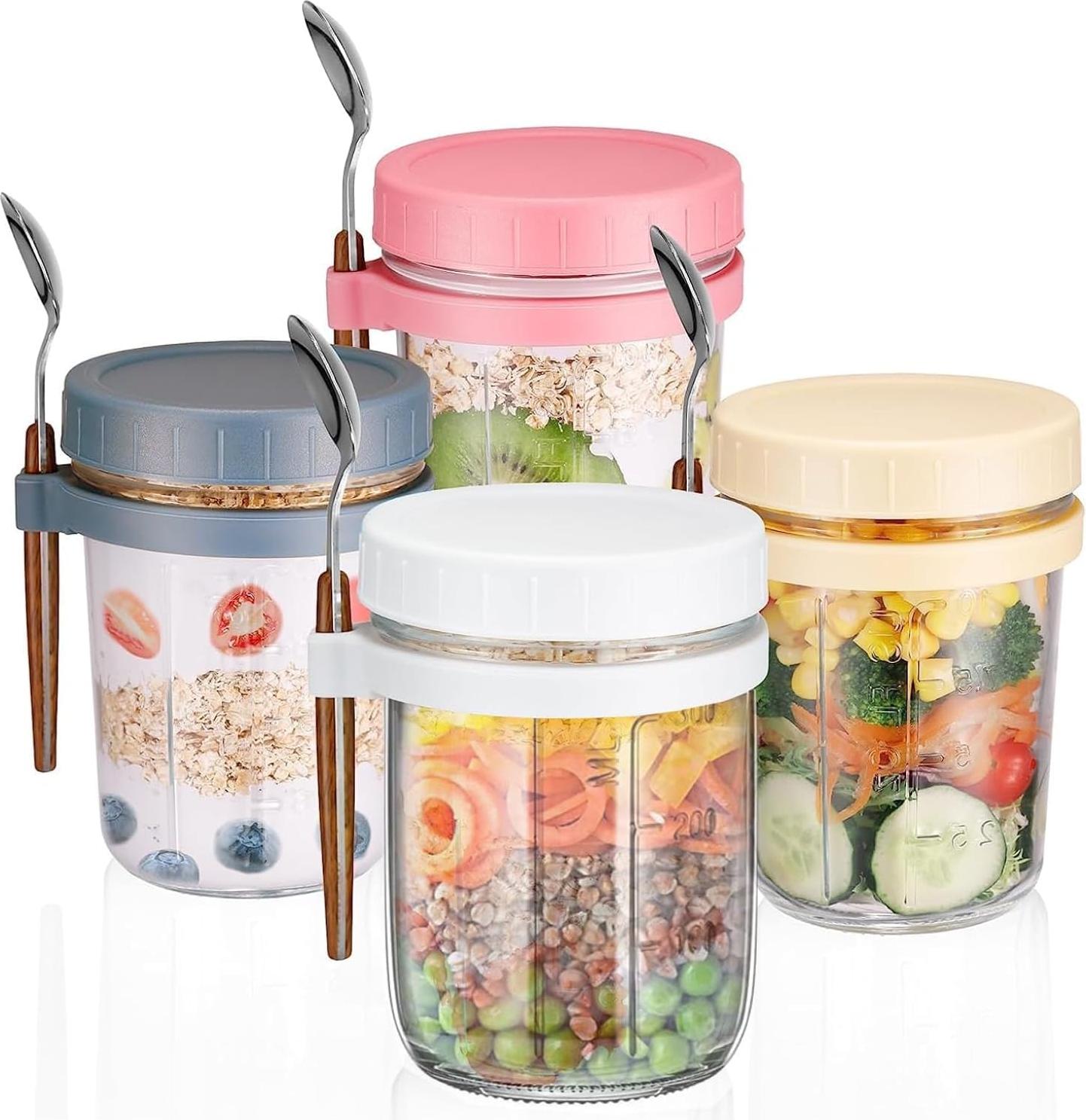 snq 4er Set Overnight Oats Gl?ser, Haferbeh?lter mit Deckel und L?ffel - Luftdichte 350 ml Joghurtbecher To Go, Overnight Oats Gl?ser fš¹r Haferflocken HWL-READ-03729