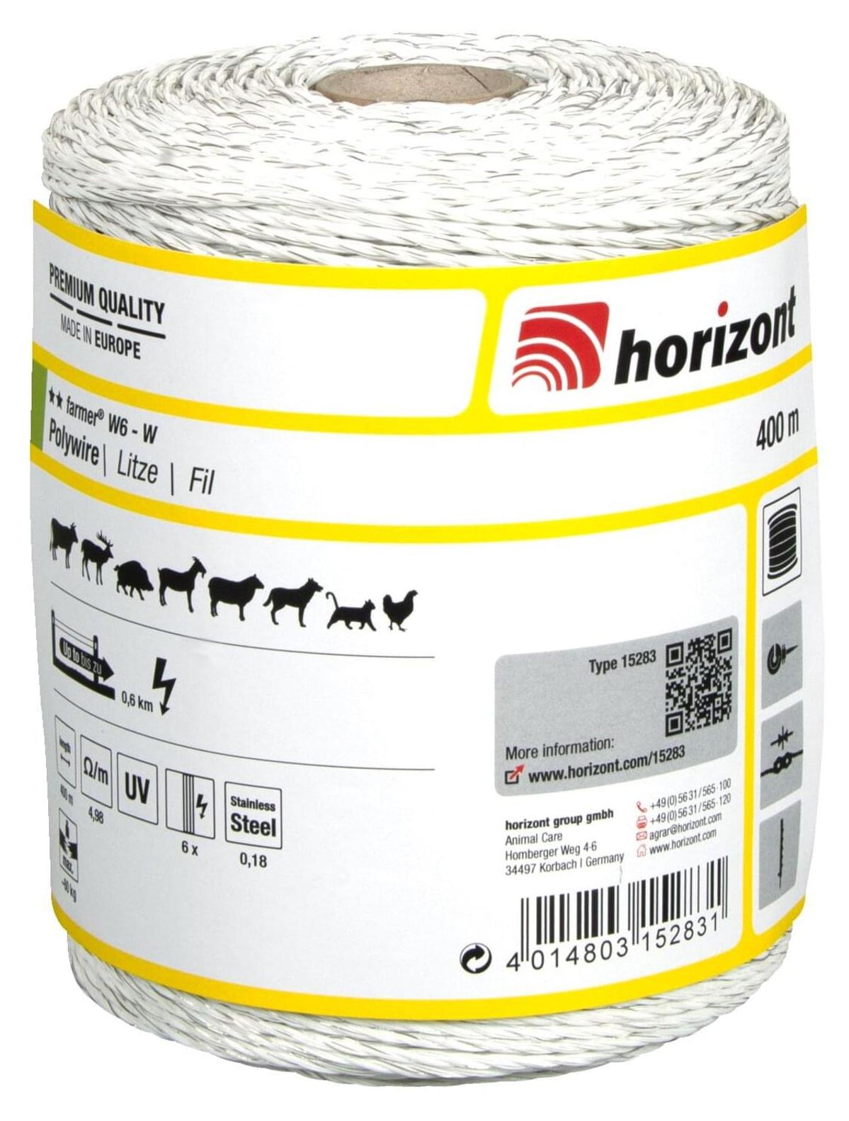 horizont Weidezaunlitze farmer® W6-W | 400 m | 6 x 0,18 mm farmer® - Unsere Allrounder-Serie der Weidehaltung. Das Leitermaterial eignet sich optimal für ruhige Weidetiere, die unter normalen Einsatzbedingungen gehalten werden. 15283