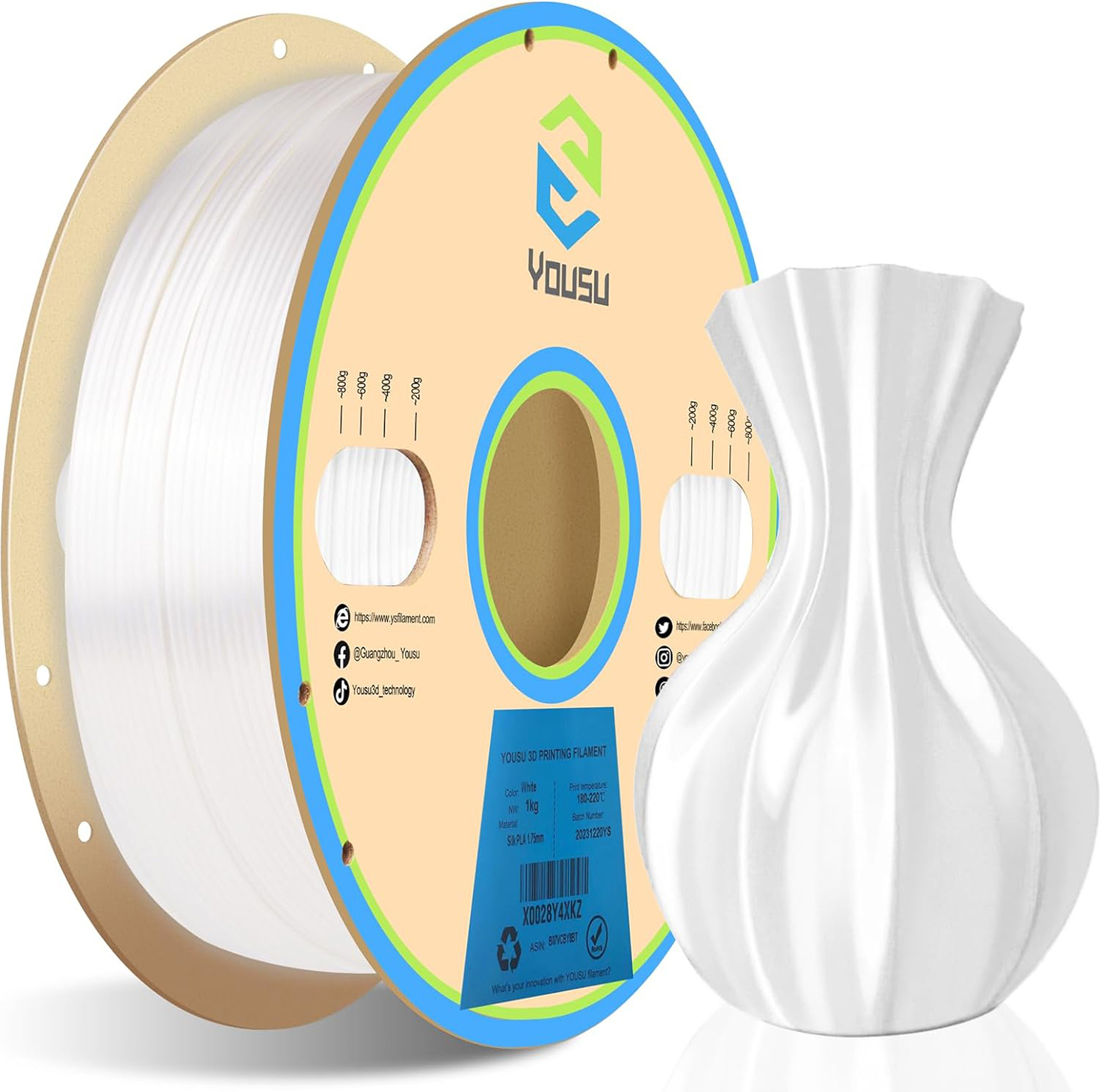 Bisofice YOUSU PLA-Filament-Seide fuer 3D-Drucker, 1,75 mm, Massgenauigkeit +/- 0,03 mm, 3D-Druckmaterial-Spule, gute Haftung, fuer die meisten FDM-3D-Drucker, 1 kg (2,2 lbs) C Weiss