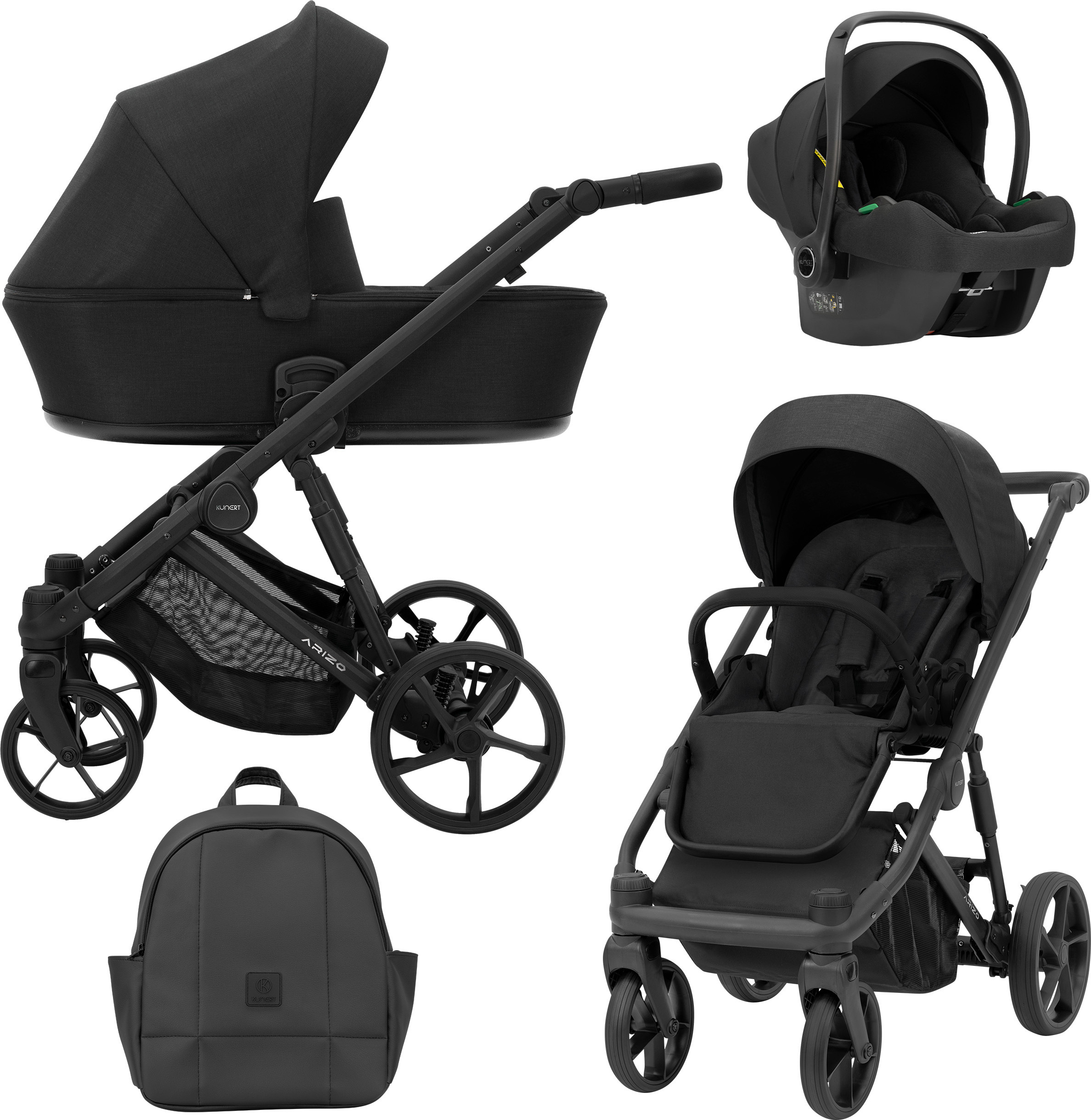 Kunert Kinderwagen ARIZO Sportwagen Babywagen Babyschale Komplettset Kinder Wagen Autositz Set 3 in 1 (Black, Rahmenfarbe: Schwarz)