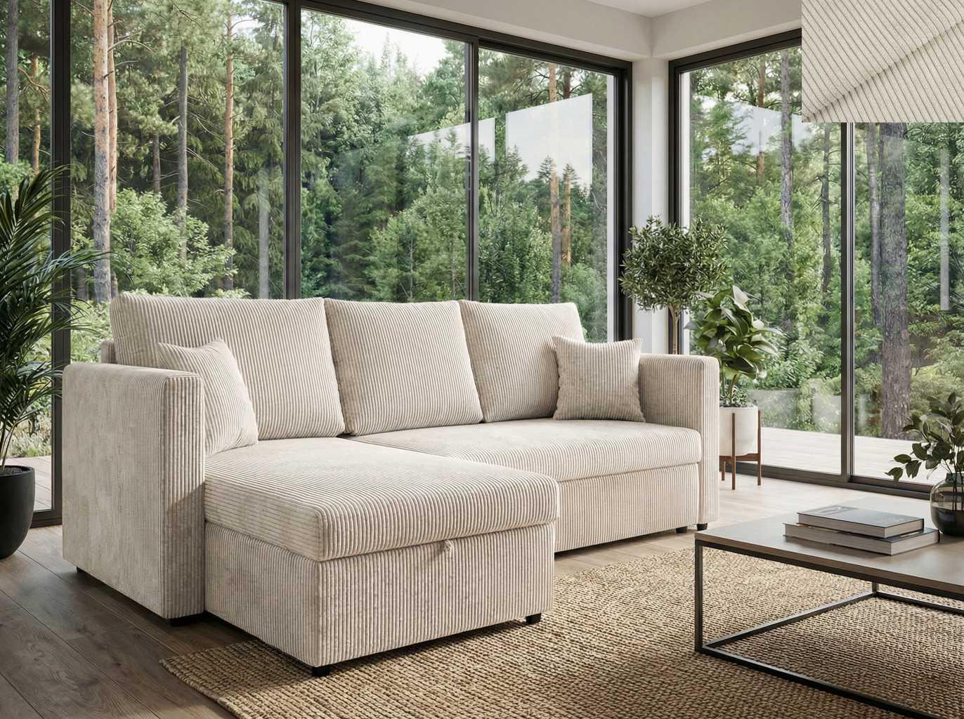 Ecksofa PISA Nordelo 146×220×90 cm universell L/R, ausziehbar, Schlaffunktion 140×200, Bettkasten, Stoff Apollo Cord 100 HELLBEIGE ECKSF-PISA-APLL-CORD-100
