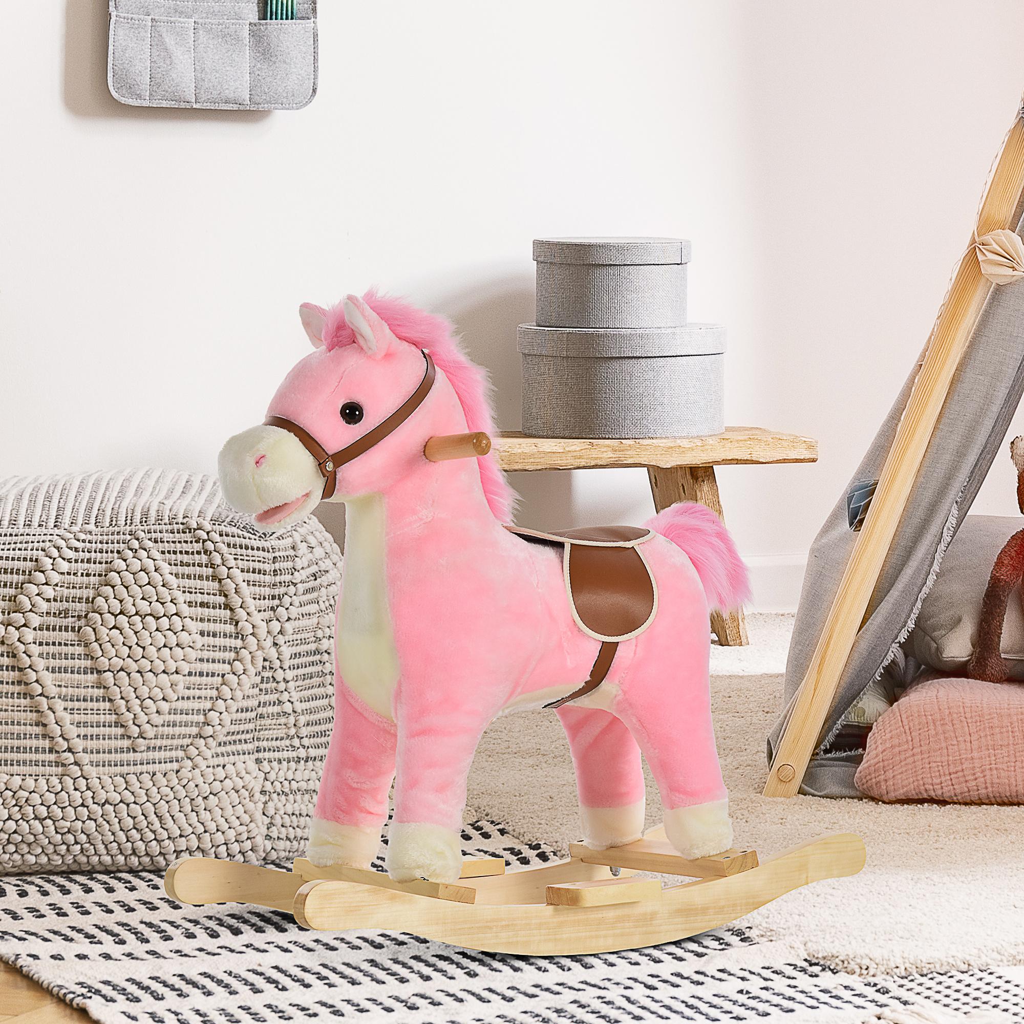 SUGIFT Schaukelpferd Rosa mit Sound & Bewegung, Schaukeltier Plüsch, Wiehern Galopp Maulbewegung, Rosa | 65 x 32,5 x 61 cm | bis 45 kg | ab 36 Monate