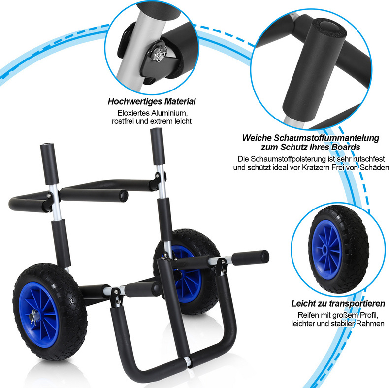 Fiqops prepravný vozík pre SUP dosku Stand Up Paddle Board dvojitý prepravný vozík na kajak SUP vozík z hliníka skladací SUP vozík vozík na kanoe do 80 kg 2 bezpečnostné popruhy