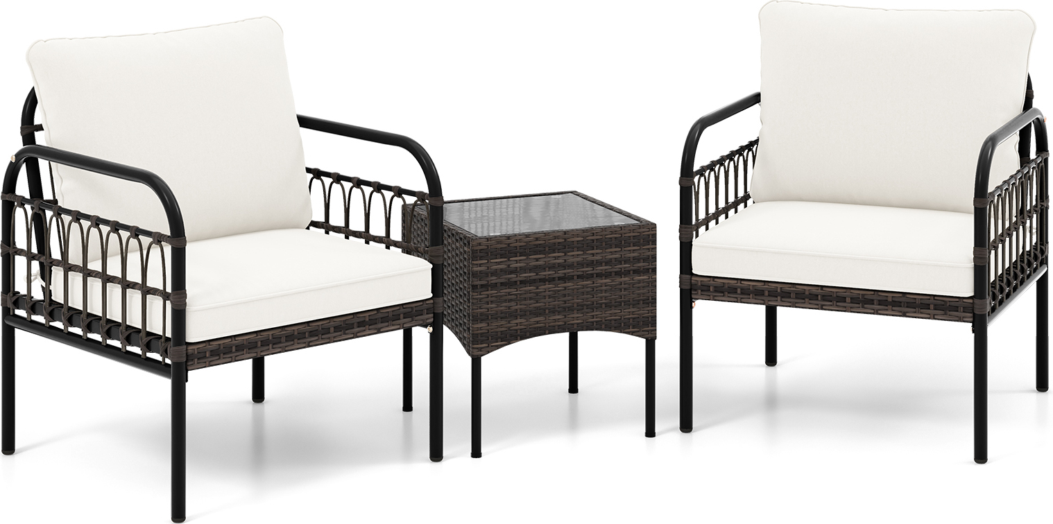 COSTWAY 3 tlg. Rattansessel Set Gartensessel, Gartenmöbel-Set Metall mit Beistelltisch & Kissen TI93705ITDE