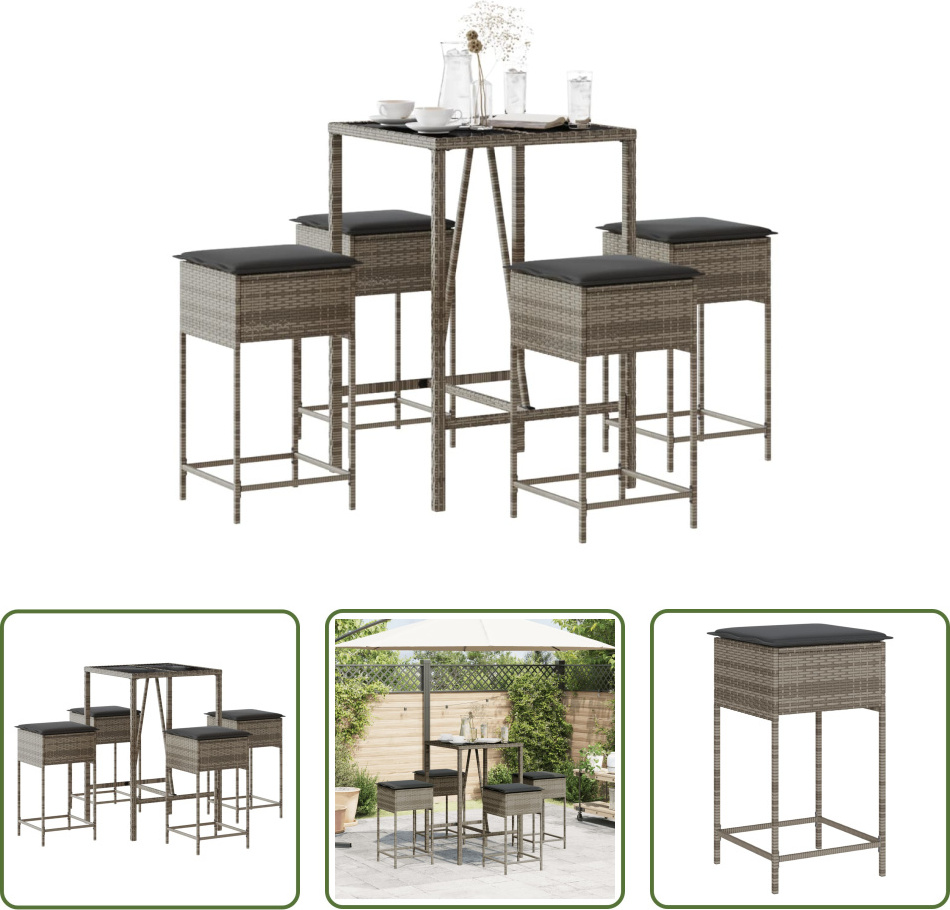 The Living Store 5-dielny záhradný barový set s vankúšmi sivý polyratan