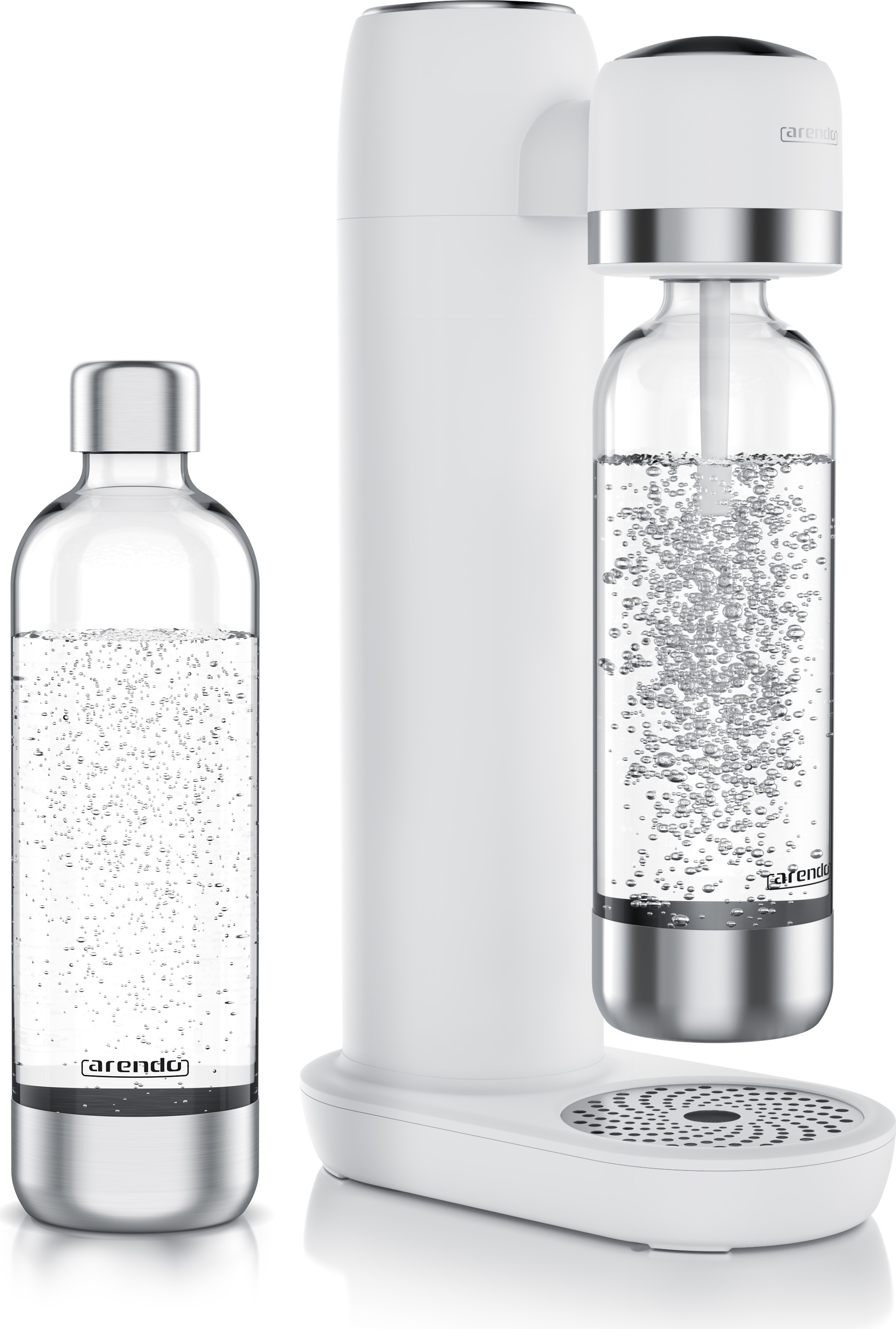 Výrobník perlivej vody Arendo, výrobník sódy, vrátane 2x 1 l PET fľaše, bez BPA, jemné dávkovanie, kompatibilný so 60 l CO2 fľašami, SodaStream Easy/Cool, PET/ABS, biely