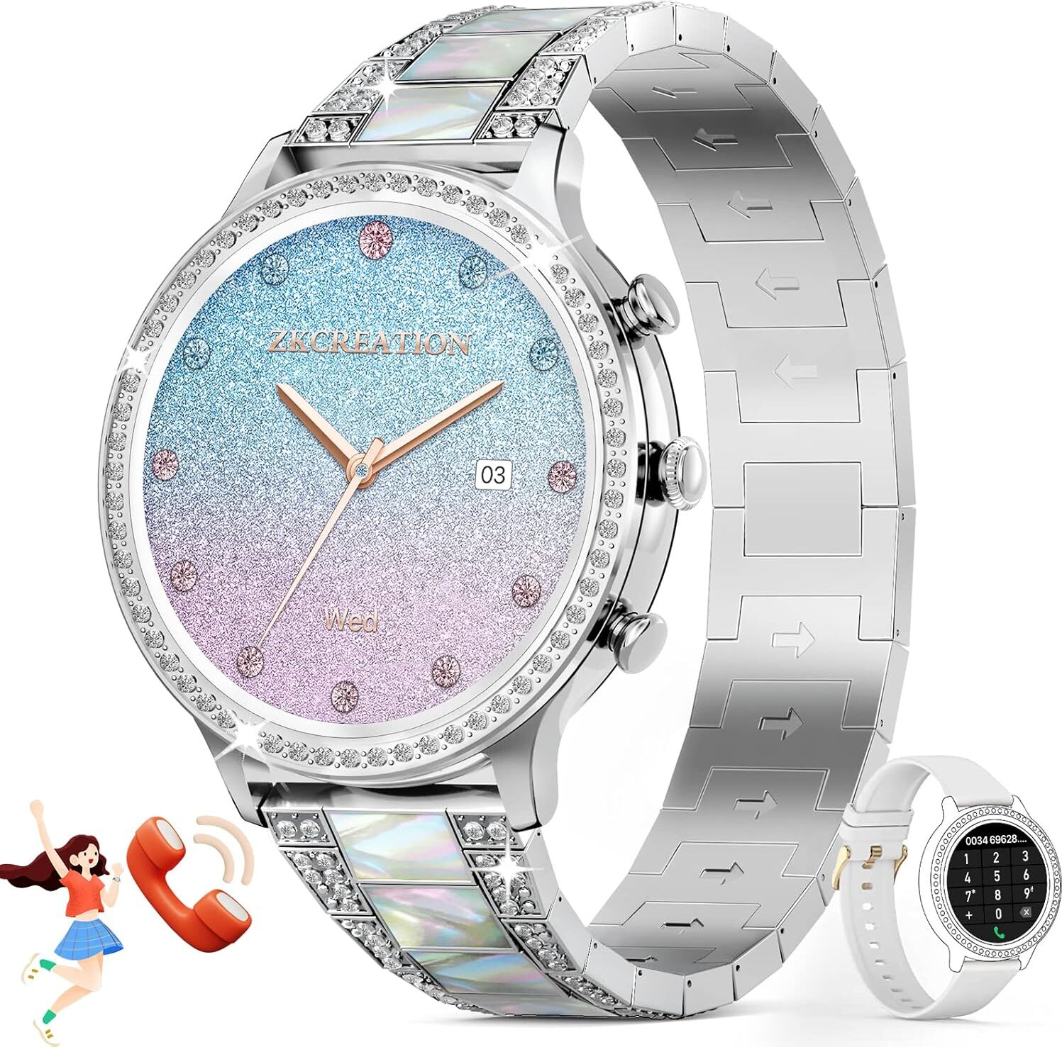 Zkcreation Dámske SmartWatch Metal -Band W/ Call, WhatsApp, Sleep & Heart Monitor, 20 športových režimov Fitness Tracker