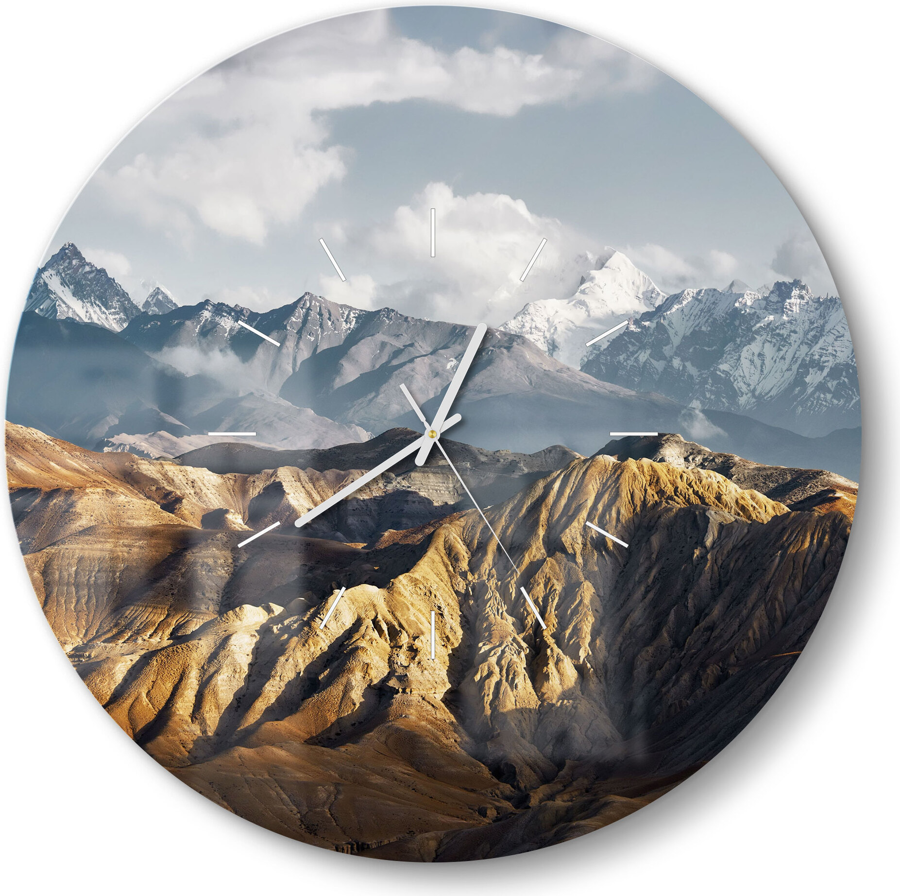 DEQORI Glasuhr Ø50 cm Modern 'Bergkettenpanorama' Wanduhr Glas Uhr Design leise WC-D50-M-1840