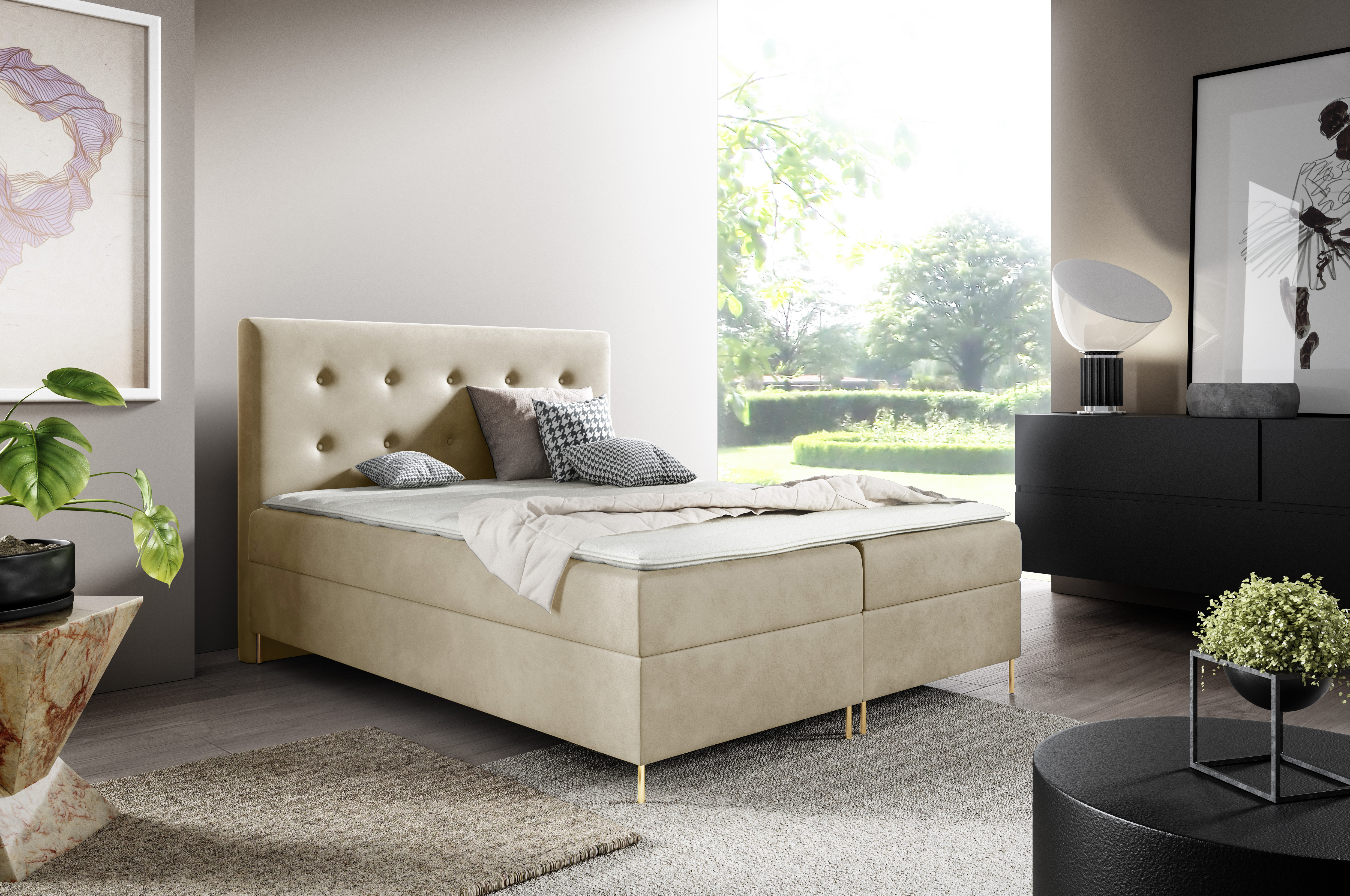 GUTTO box spring bed LOUI 180 x 200cm 2x posteľ TOPPER 5cm Béžový velúr vysoké zlaté nohy