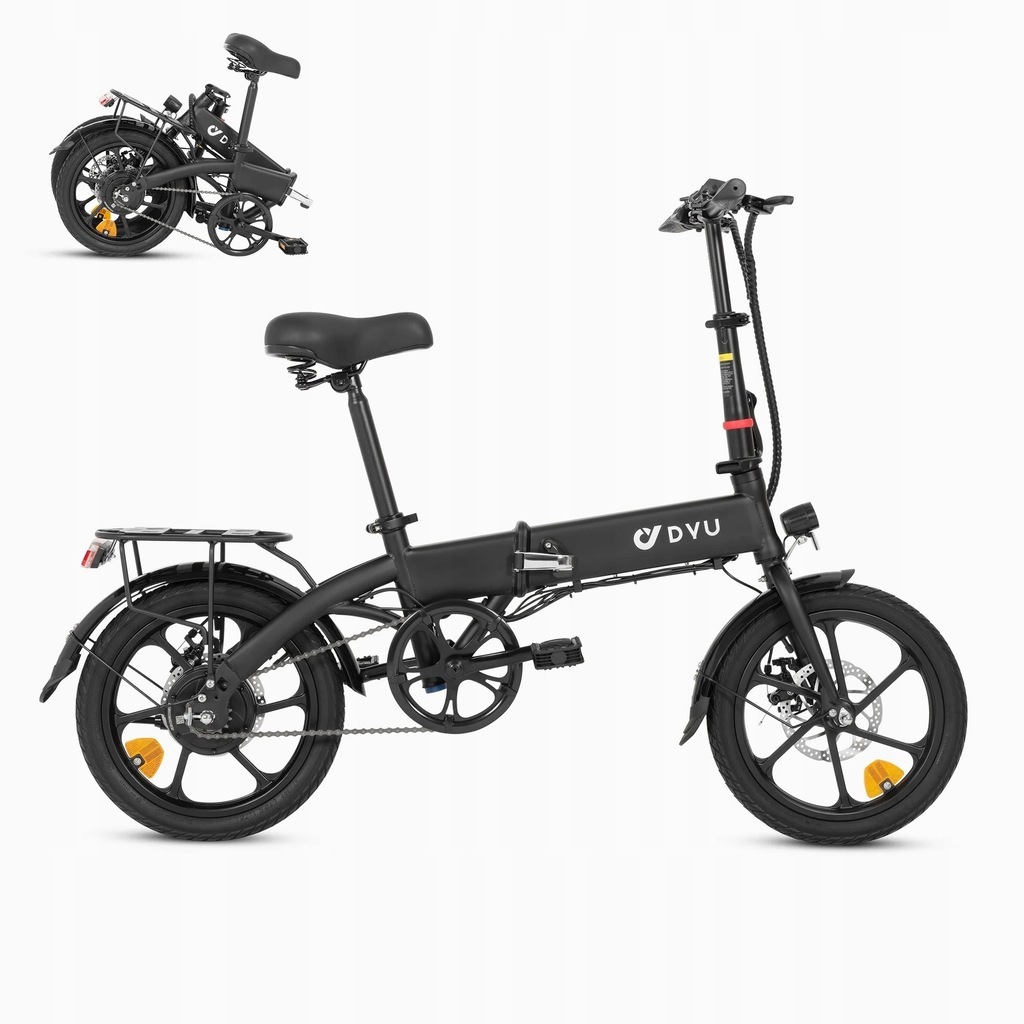 DYU A1F PRO E bike elektrický bicykel, 16 palcový bicykel elektrický skladací s indikátorom batérie, diaľkový kľúčový štart, 3 jazdné režimy, nočné svetlá čierne