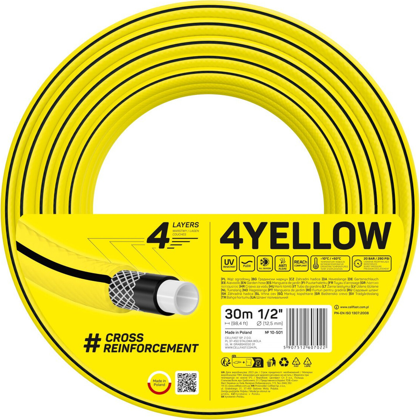 Gartenschlauch Cellfast 4YELLOW Garten Schlauch 10-501 30m 4-lagig Druckgrenze 20 bar Gelb