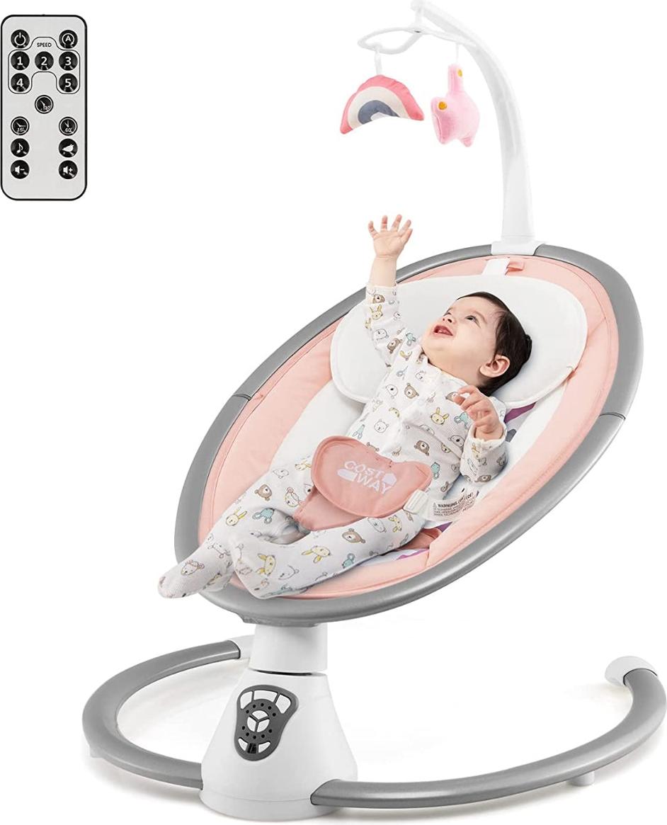 B2X Elektrische Babyschaukel Babywippe mit 5 Schaukelstufen 65,5 x 71,5 x 76 cm Rosa