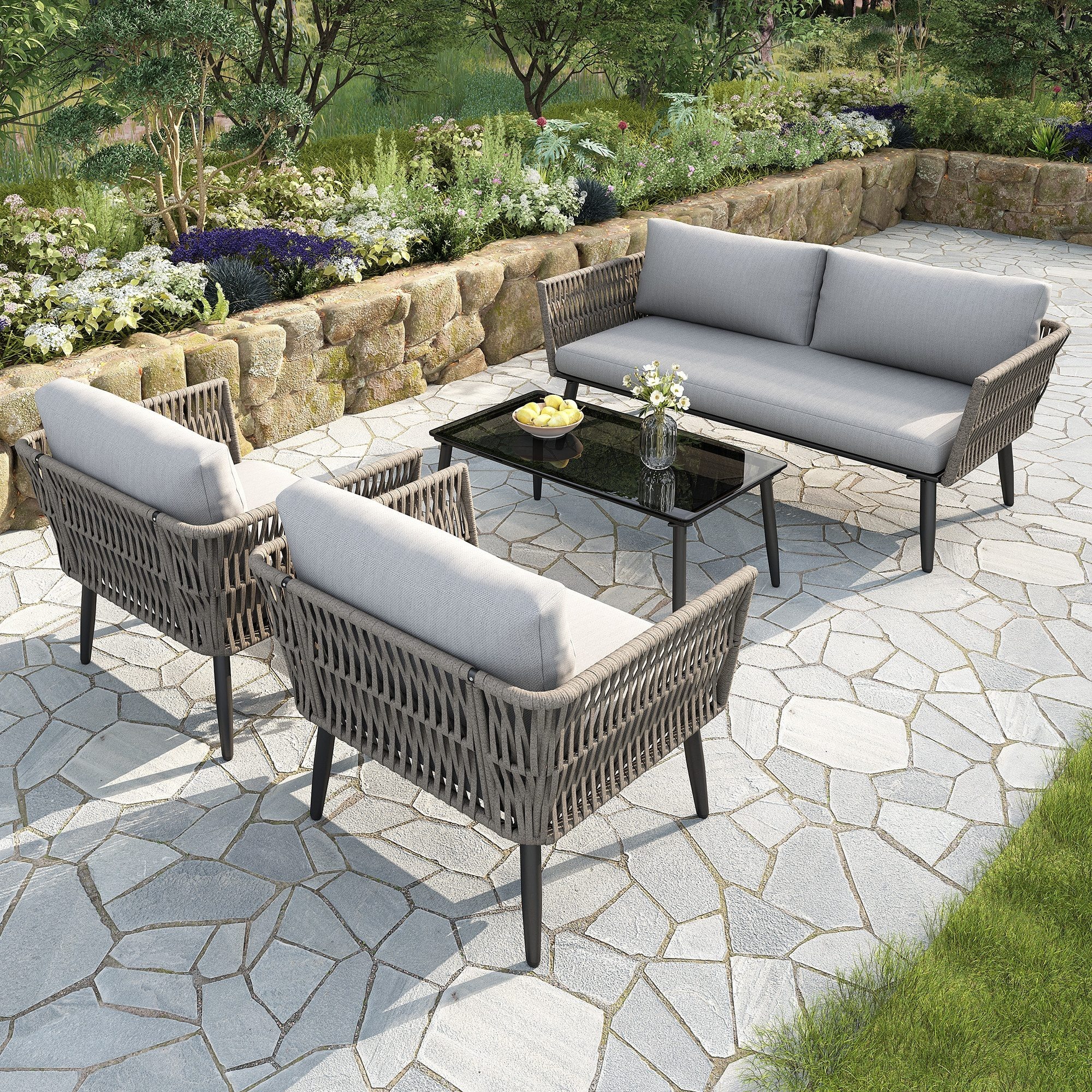 Lanki International Odikalo Gartenlounge-Set Gartenmöbel 2-Sitzer-Sofa Kissen Geflecht Sessel Glas Couchtisch Grau
