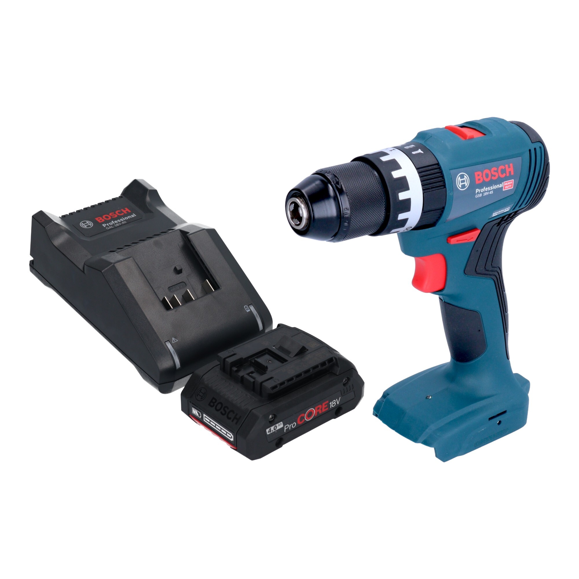 Bosch GSB 18V-45 Profesionálna akumulátorová príklepová vŕtačka 18 V 45 Nm bez kefiek + 1x akumulátor ProCORE 4,0 Ah + nabíjačka