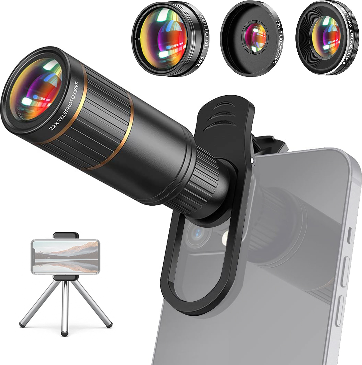 KKmoon 4-in-1-Telefonobjektiv-Set, externes Telefonkamera-Objektiv-Set mit 22-fachem Teleobjektiv, 205¡ã-Fisheye-Objektiv, 4K-0,67-fachem Weitwinkelobjektiv, 25-fachem Makroobjektiv, Objektivclip, Telefonlippe und Mini-Stativ-Ersatz fuer iPhone 15/14/13 /12 und Android-Smartphones