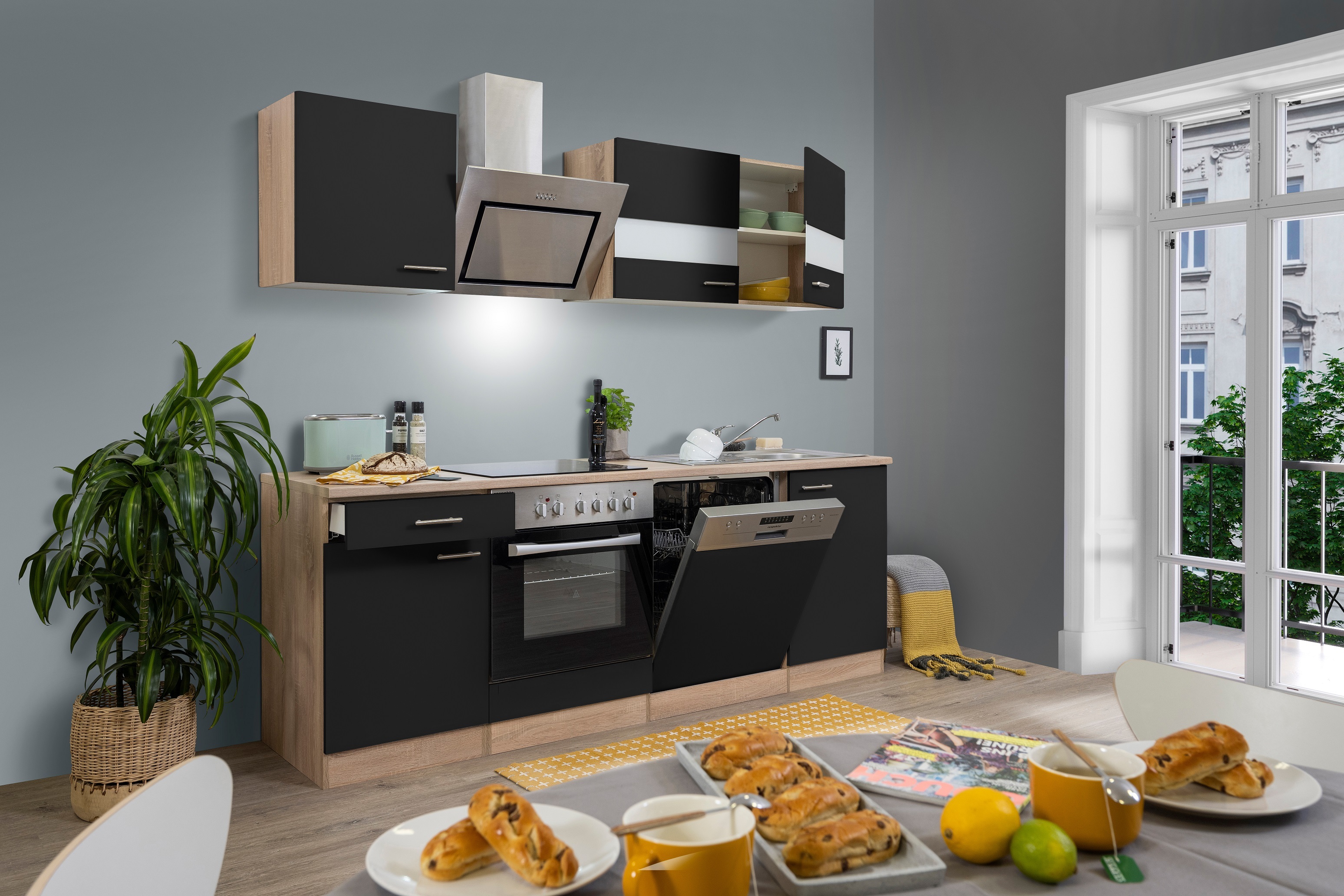 Küche Küchenzeile Küchenblock Einbauküche Eiche Schwarz Merle 220 cm Respekta KB220ESSSC