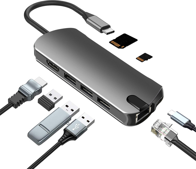 INF 8-in-1-USB-C-Hub mit USB 3.0, HDMI, RJ45, SD/TF-Kartensteckplatz, 100 W PD-Aufladung 302513